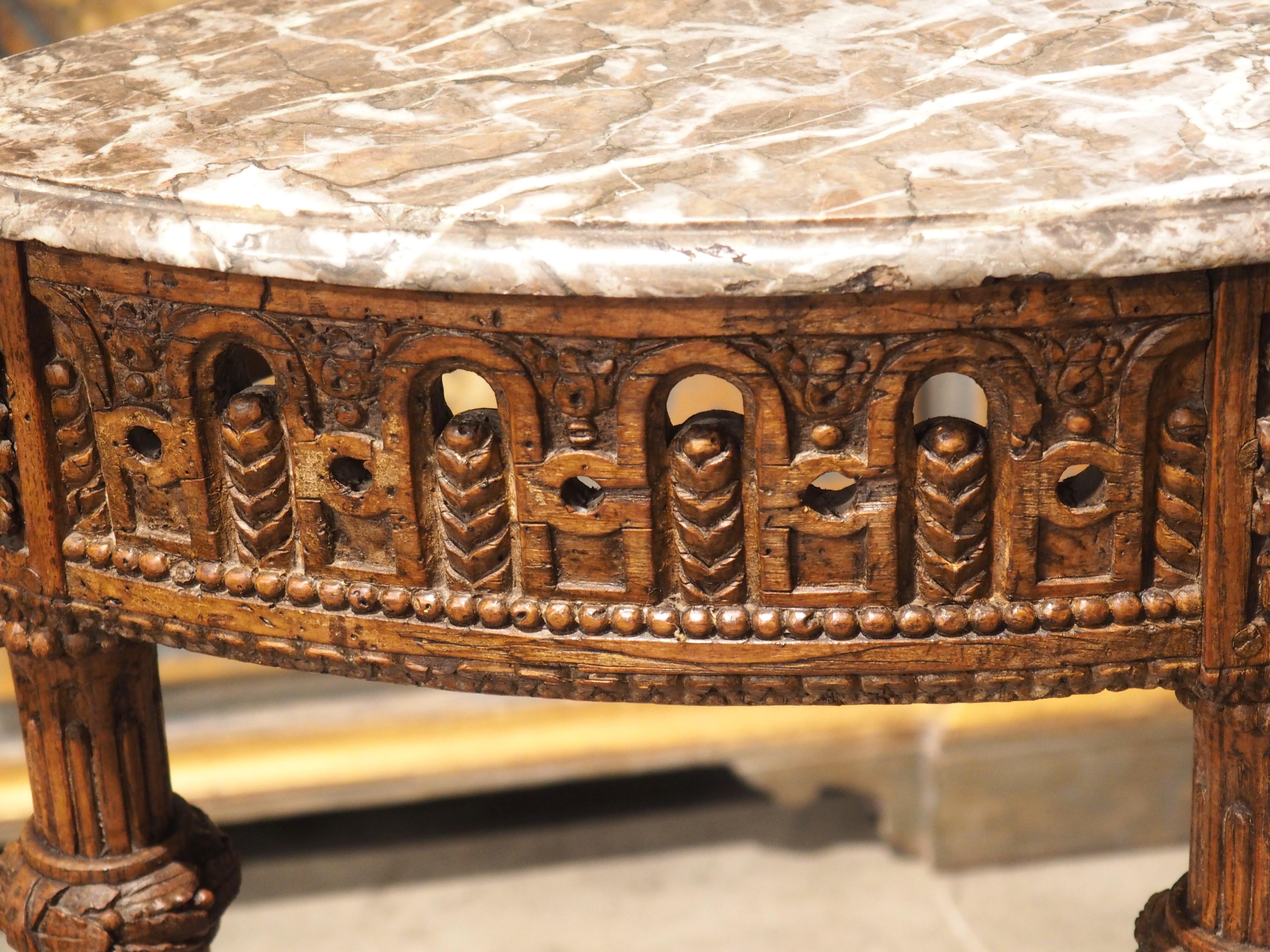 Period French Louis XVI Carved Oak and Marble Demi Lune Console Table, C. 1785 For Sale 8