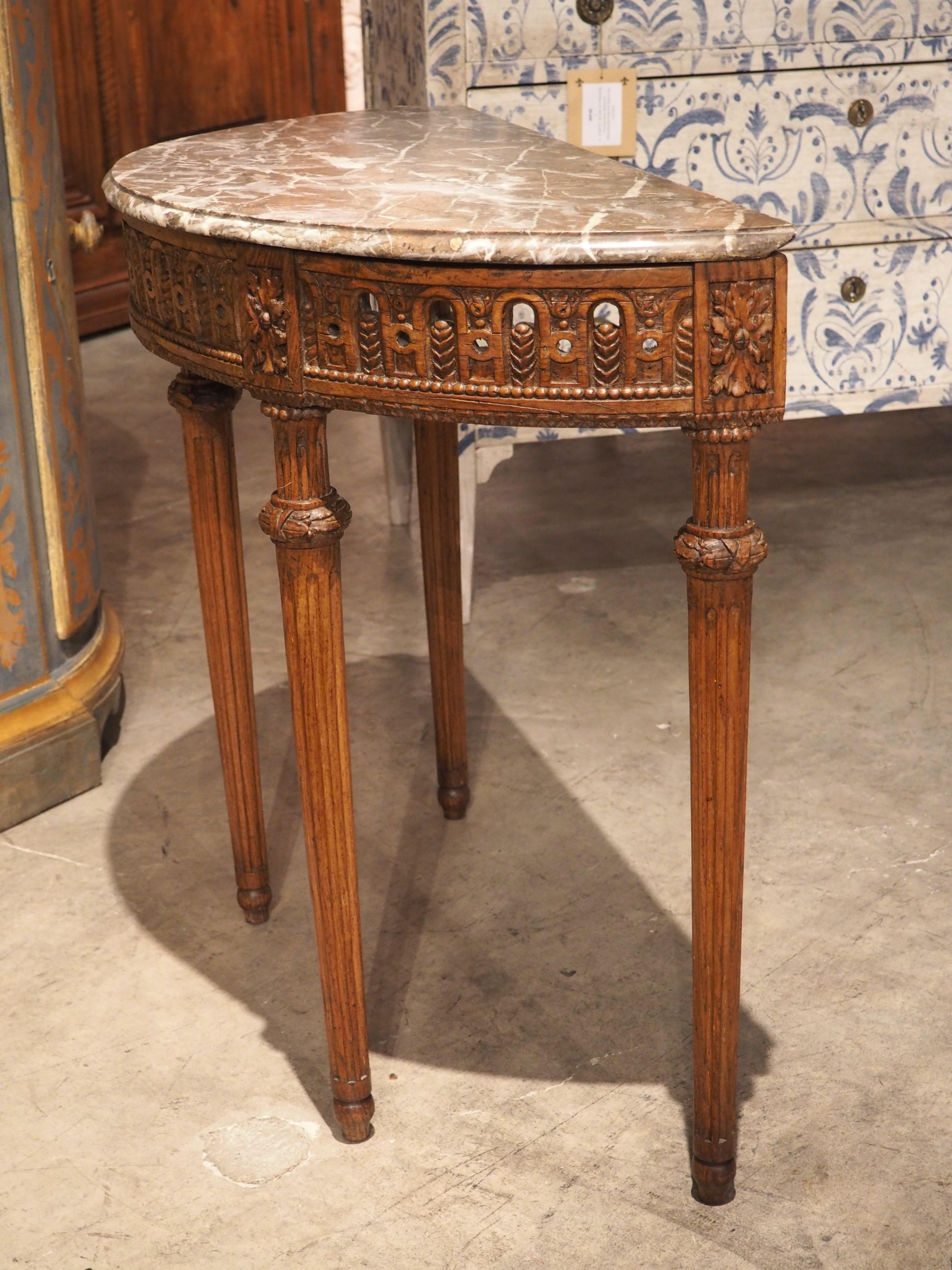 Period French Louis XVI Carved Oak and Marble Demi Lune Console Table, C. 1785 For Sale 10