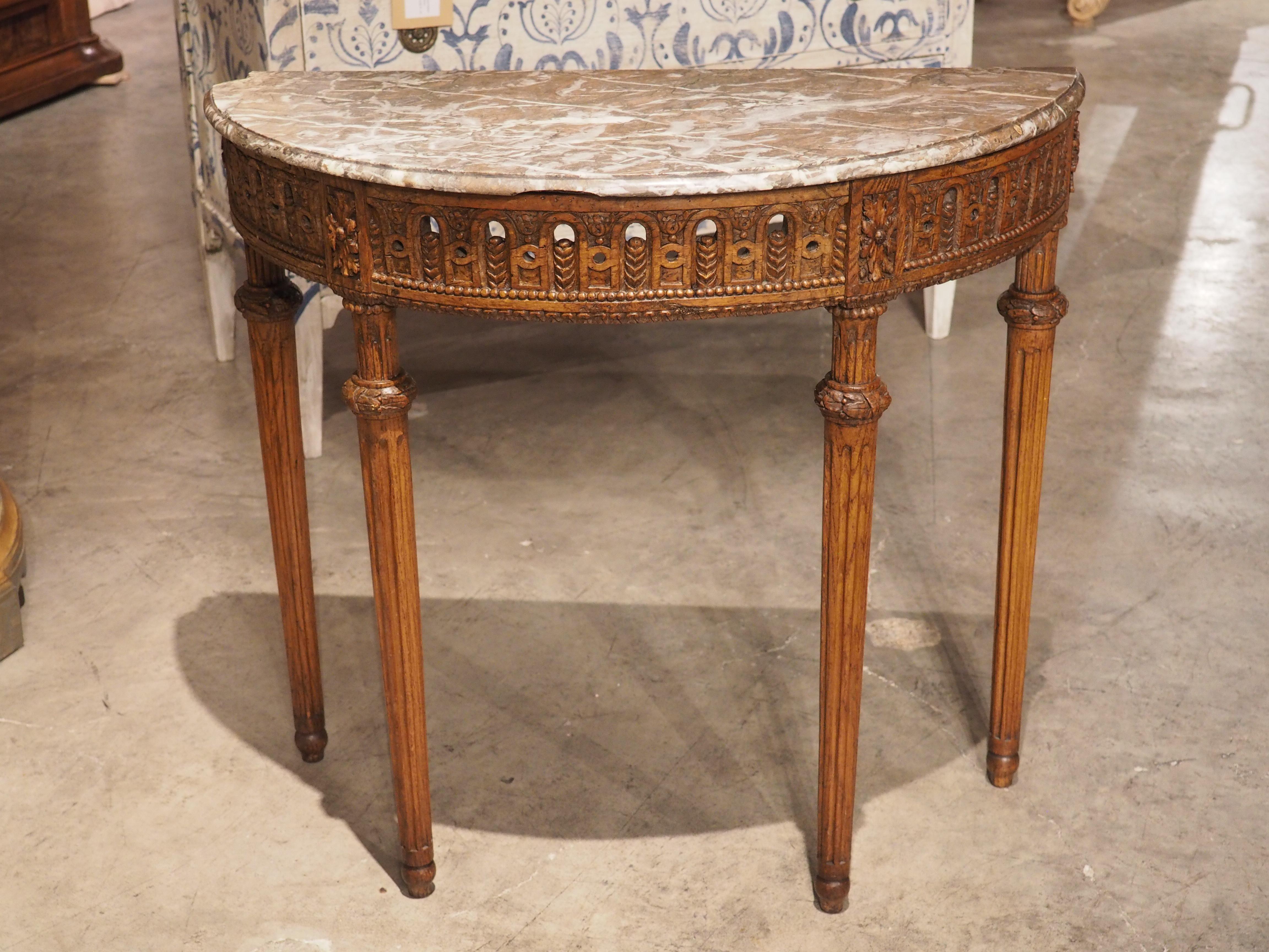 Period French Louis XVI Carved Oak and Marble Demi Lune Console Table, C. 1785 For Sale 14