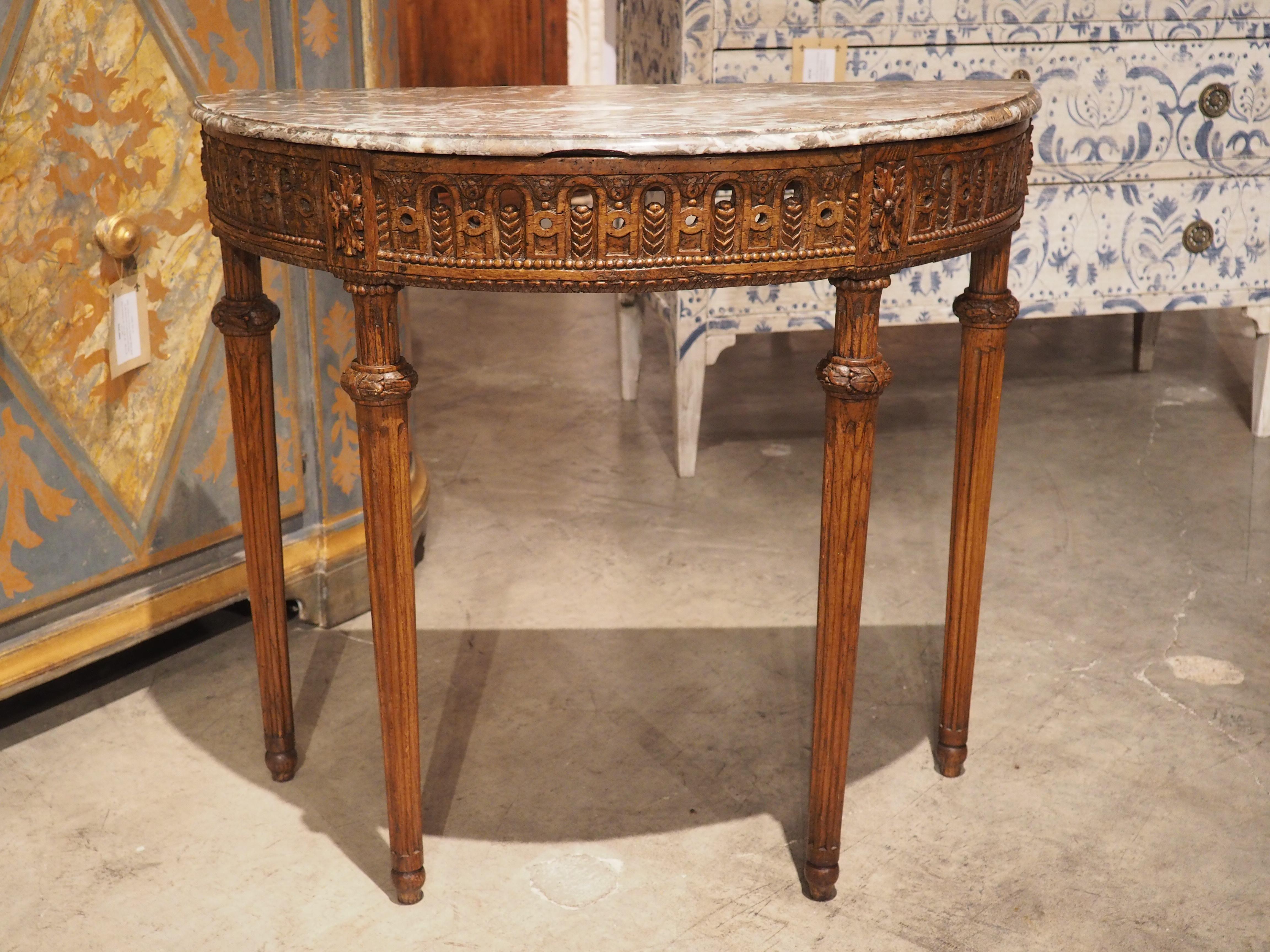 Hand-Carved Period French Louis XVI Carved Oak and Marble Demi Lune Console Table, C. 1785 For Sale