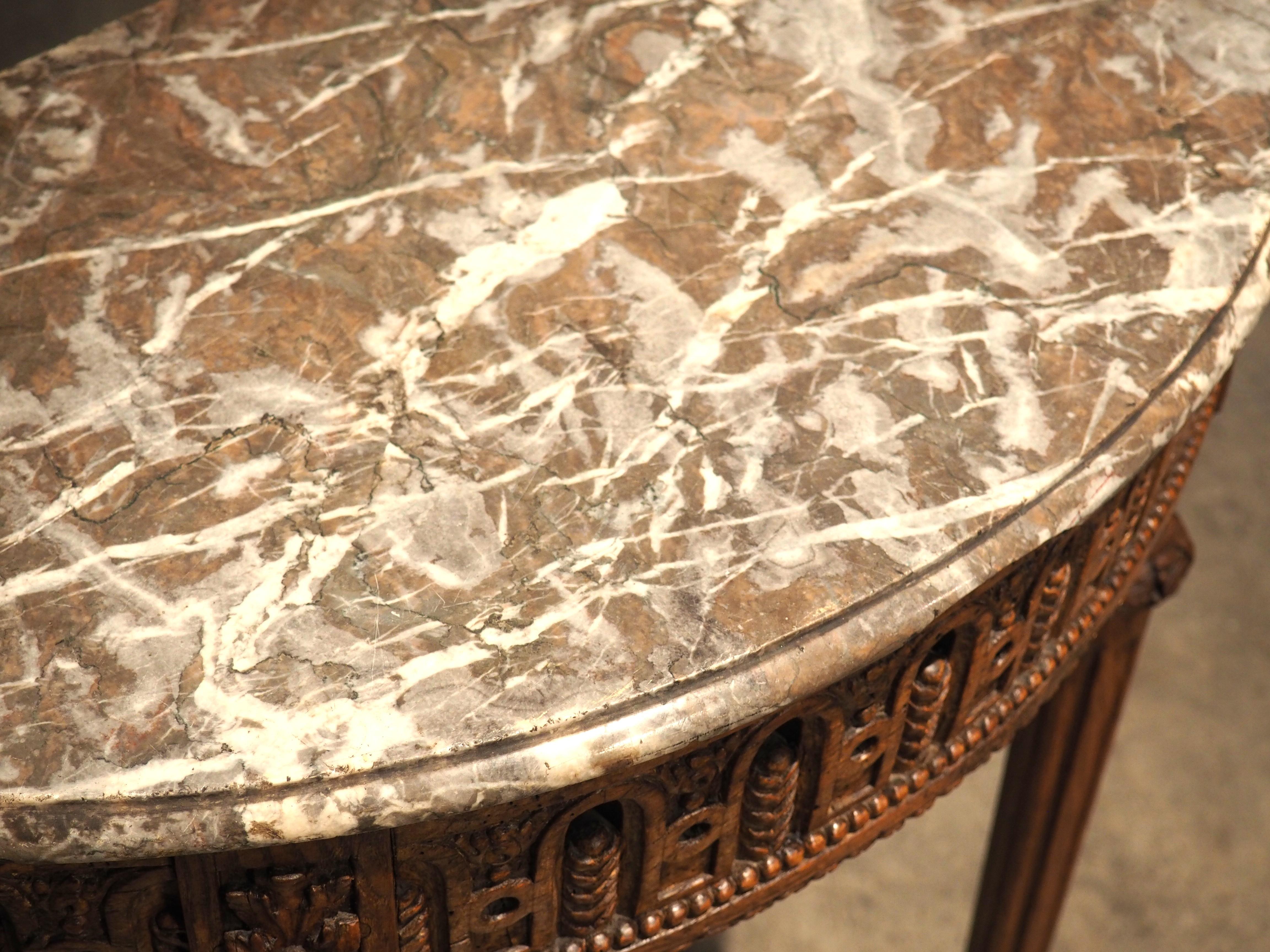 Period French Louis XVI Carved Oak and Marble Demi Lune Console Table, C. 1785 In Good Condition For Sale In Dallas, TX