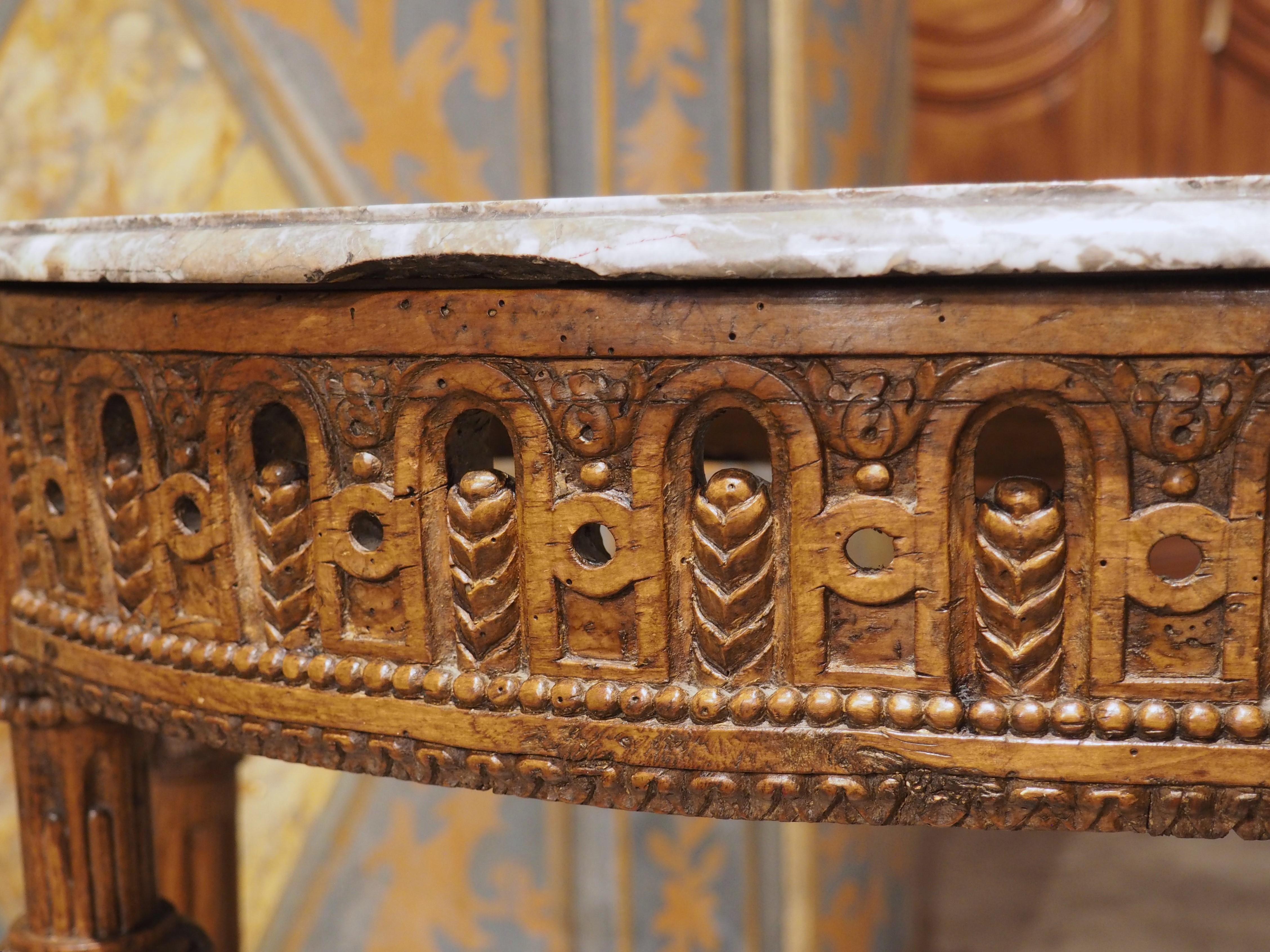 18th Century Period French Louis XVI Carved Oak and Marble Demi Lune Console Table, C. 1785 For Sale