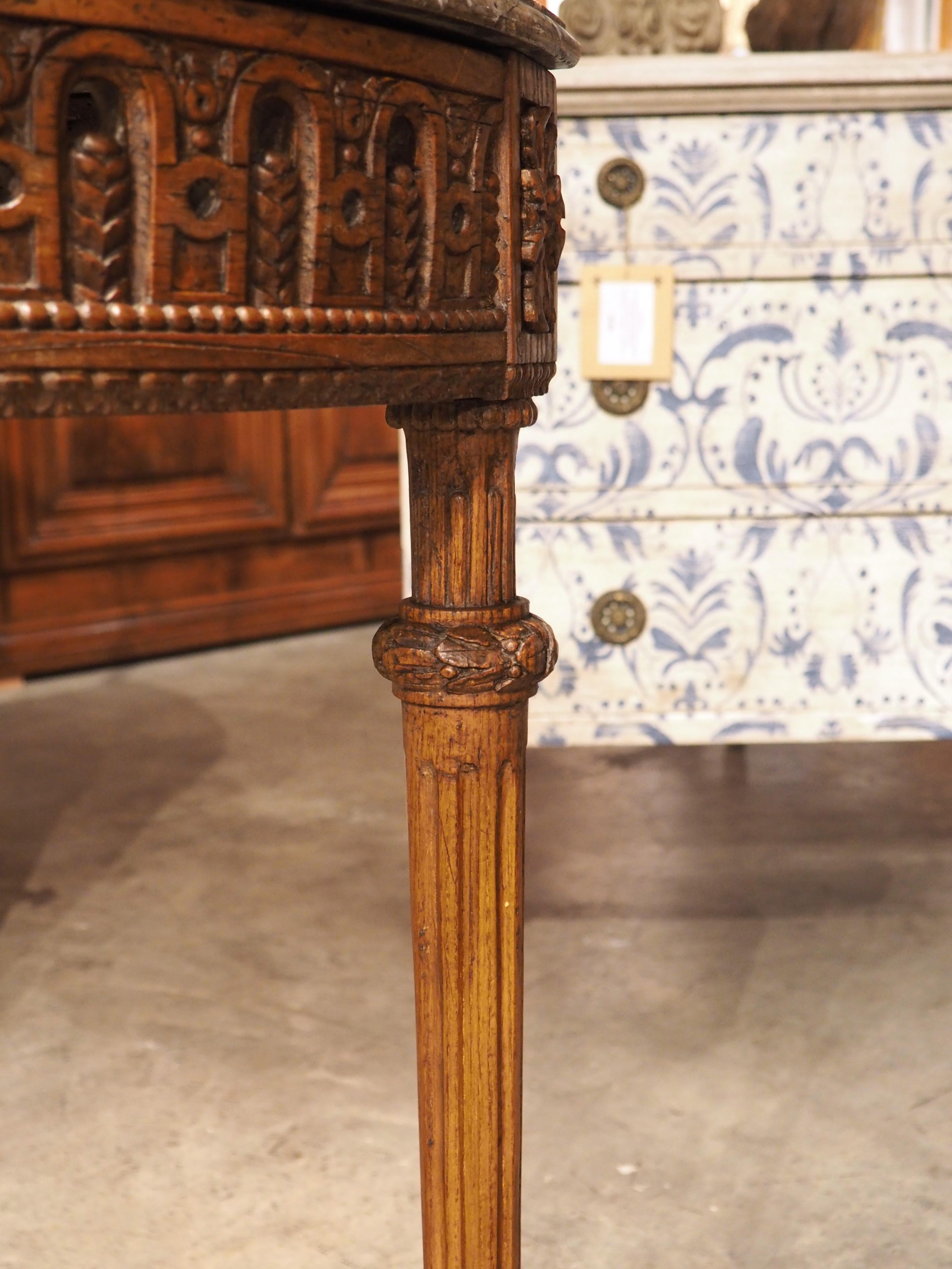 Stone Period French Louis XVI Carved Oak and Marble Demi Lune Console Table, C. 1785 For Sale