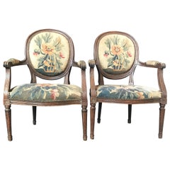 Period French Walnut Louis XVI Antique Carved Tapestry Fauteuils