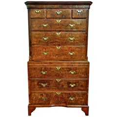 Period George II Burl Walnut Pinwheel or Sunburst Chest on Chest