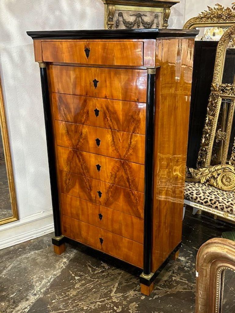 Outstanding period Biedermeier walnut tall chest with ebonized detail. Exceptional quality! Circa 1820.