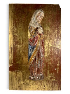 Period Gothic Polychrome Gilt Wood Relief of a Female Saint.
