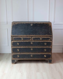 Period Gustavian Slant-Front Desk with Black Exterior and Blue Interior