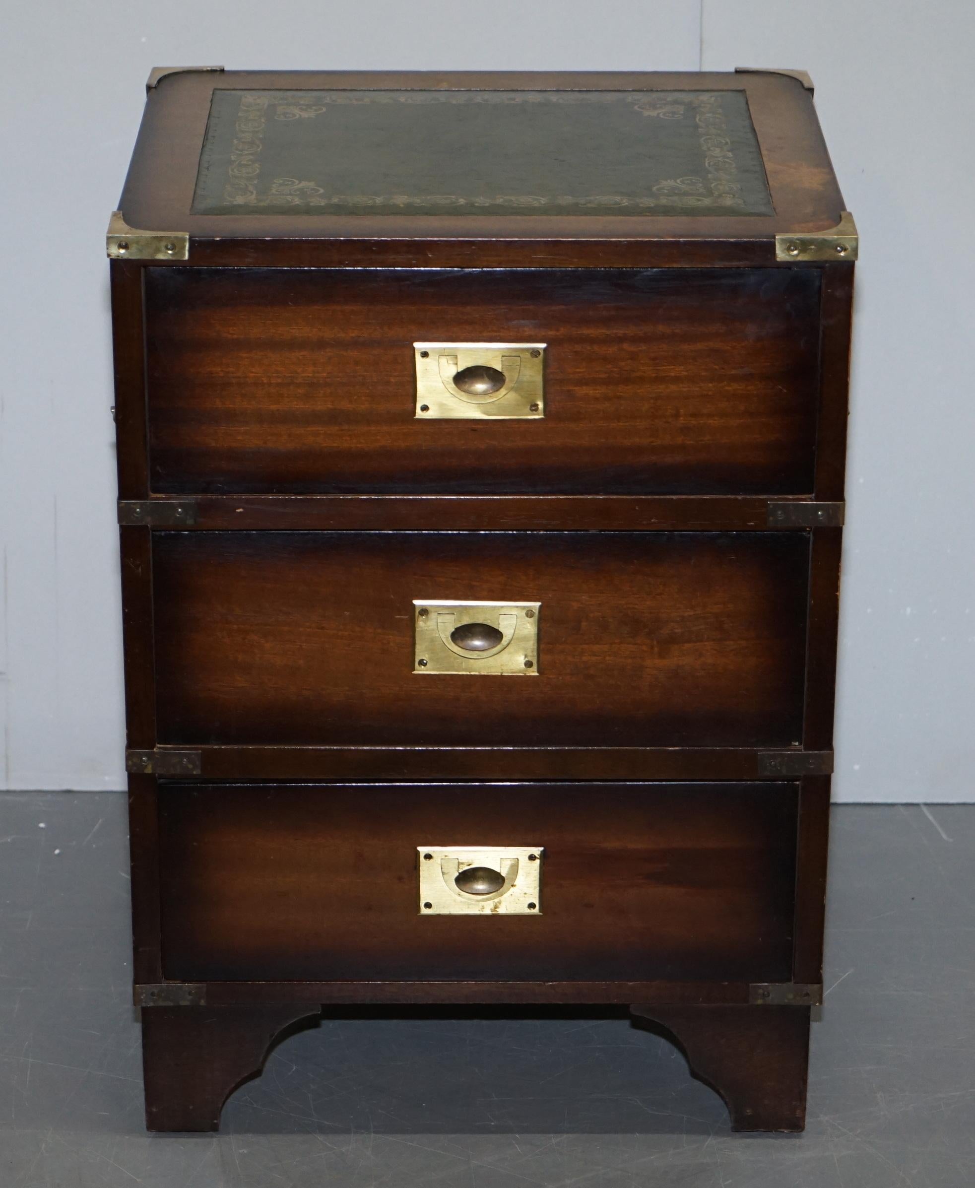 English Period Harrods Kennedy Military Campaign Side Table Chest of Drawers Leather Top
