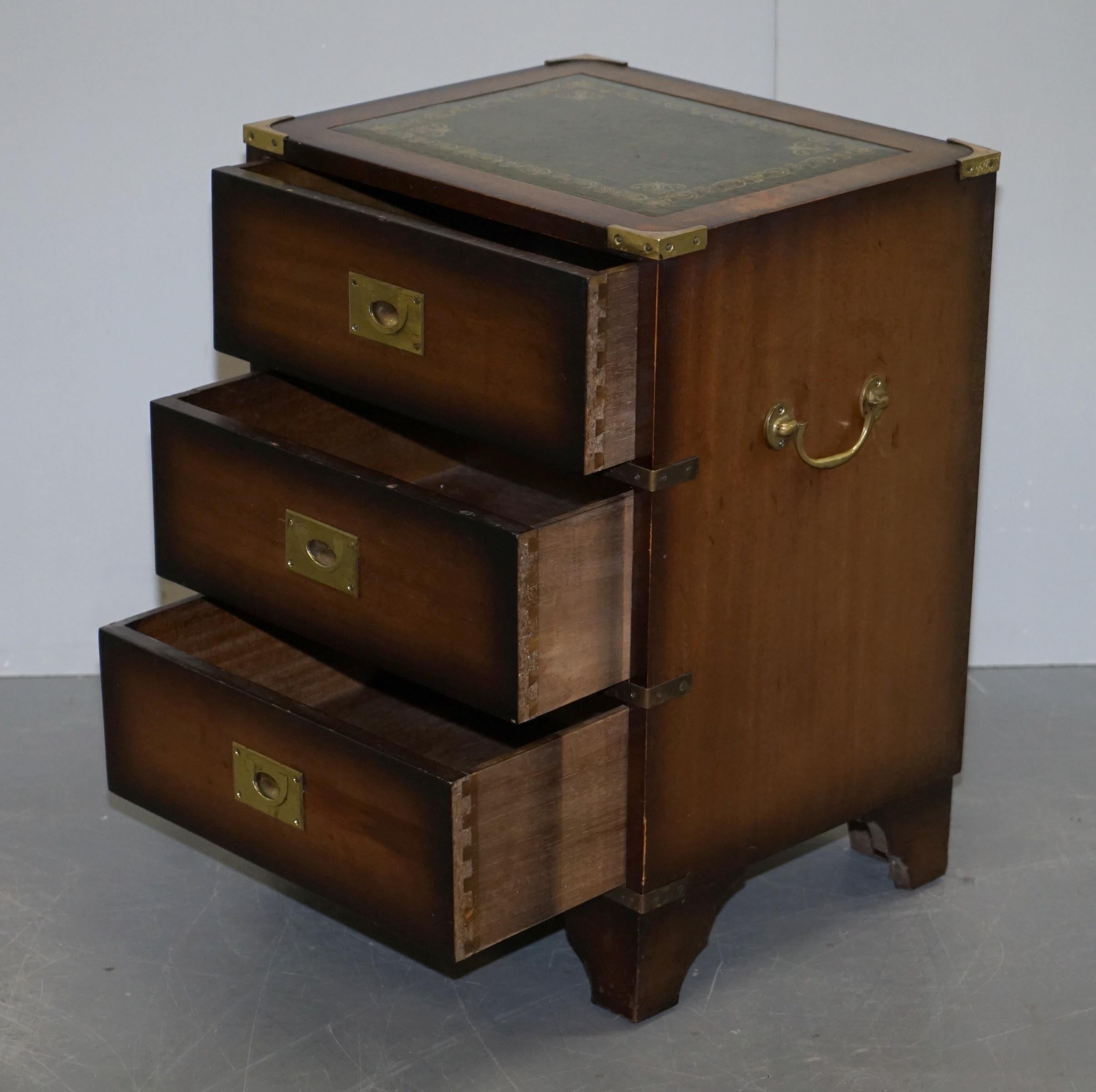 Hand-Crafted Period Harrods Kennedy Military Campaign Side Table Chest of Drawers Leather Top