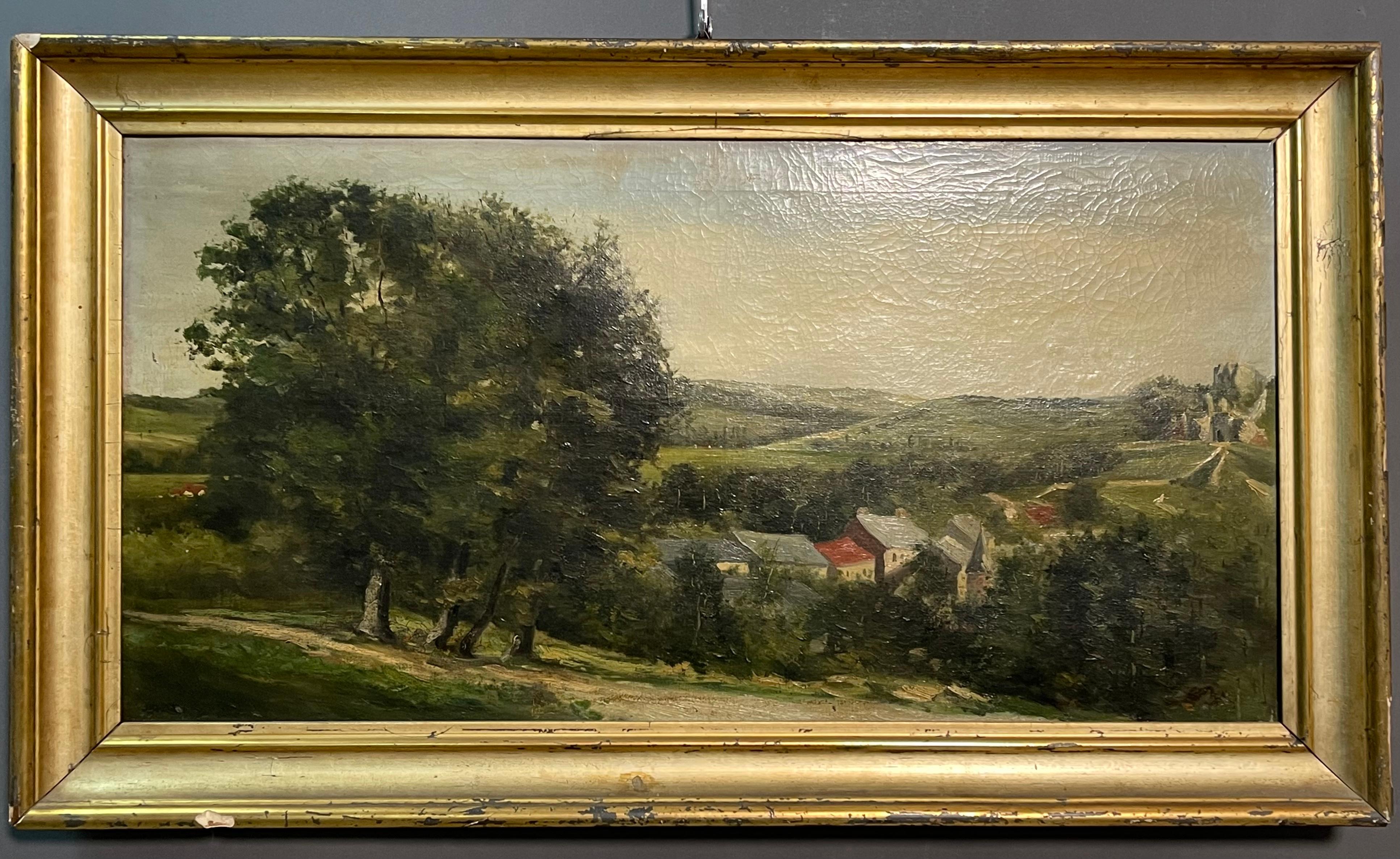Beautiful and evocative oil painting on canvas depicting a gentle hilly landscape with trees in the foreground and a village in the background

This painting, never before on the market, comes from a private collection and is beautified by an
