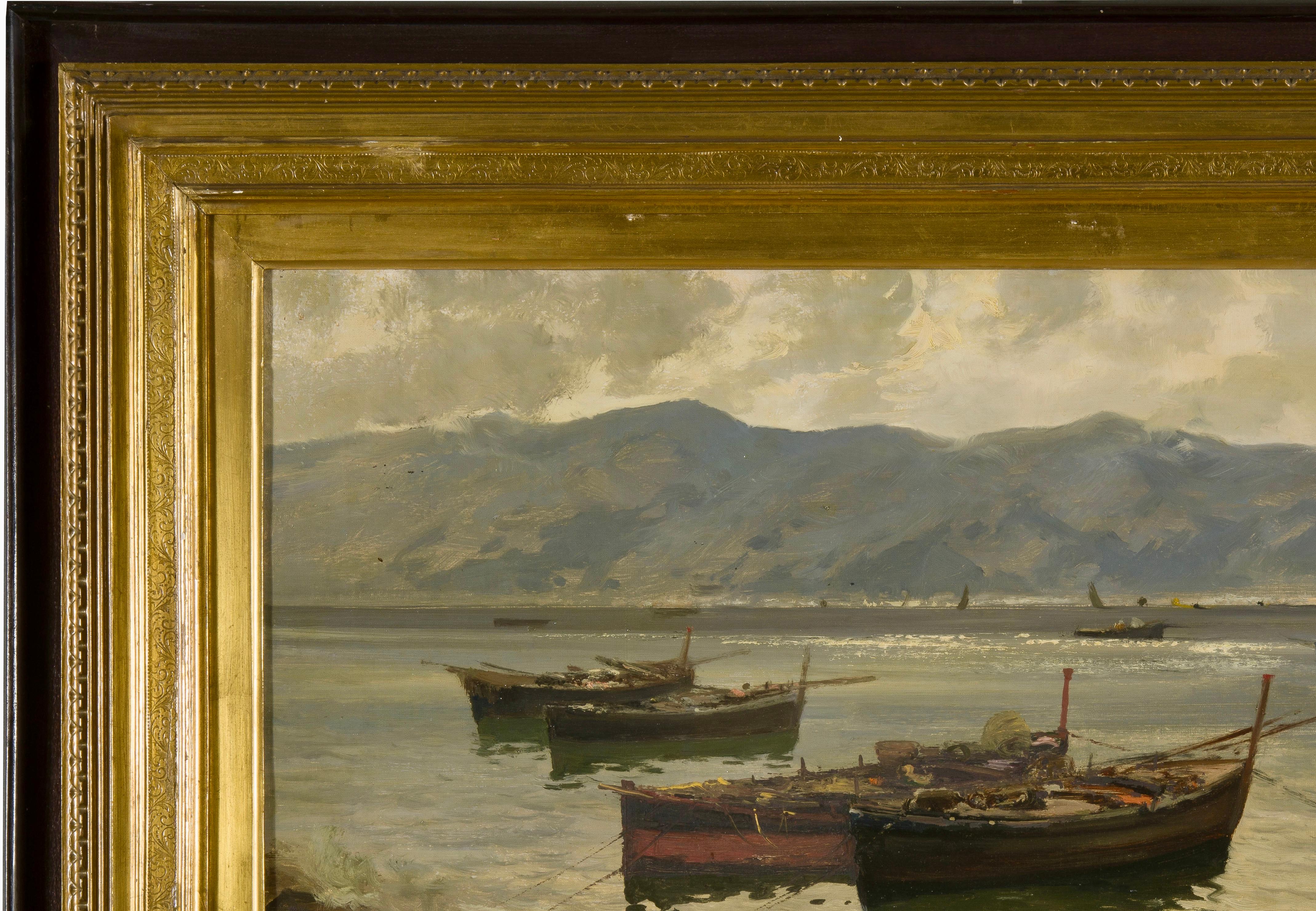 Canvas Period Italian Neapolitan Signed Marine Landscape