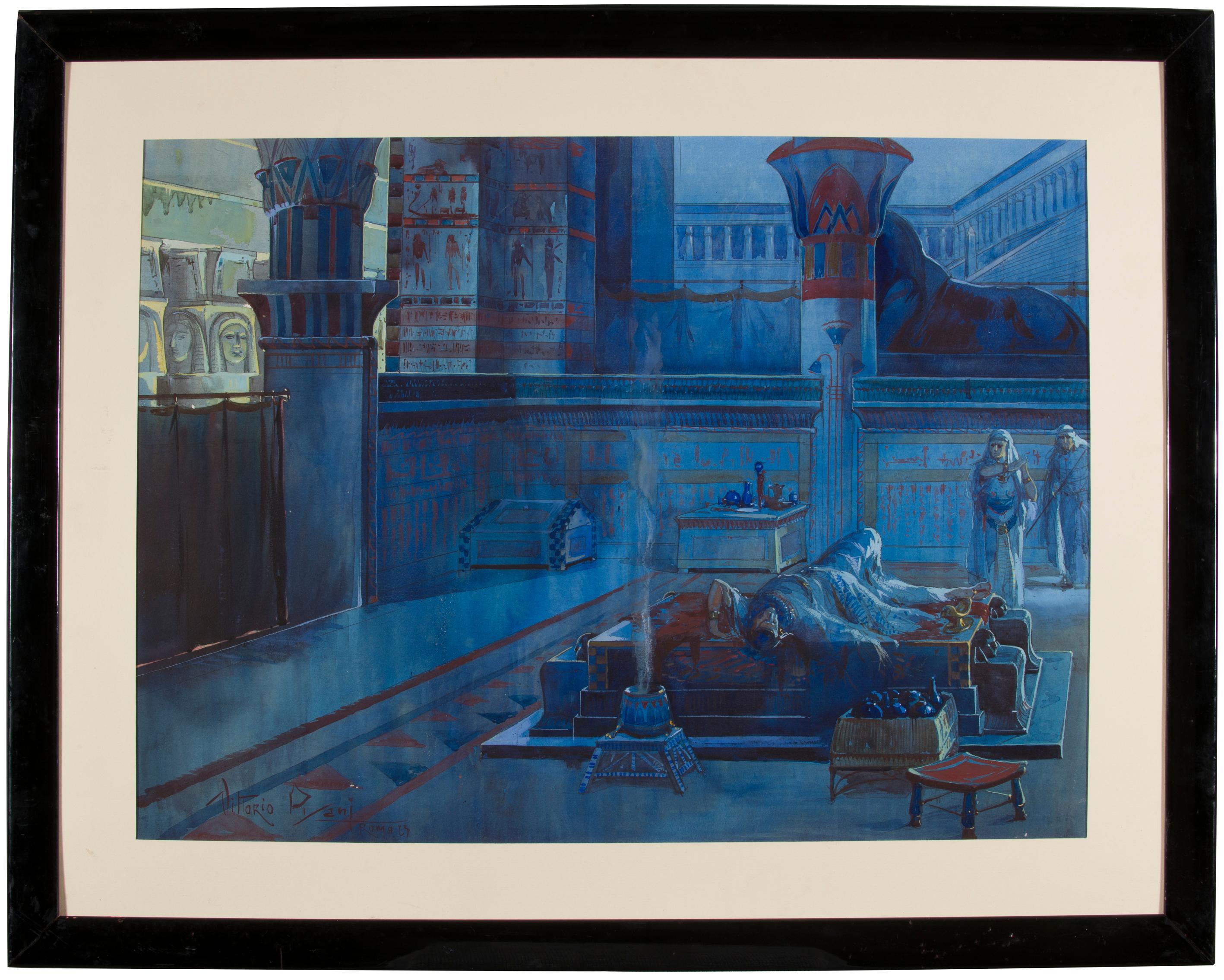 Egyptian Revival Period Italian Neoclassical Style Signed Watercolor For Sale
