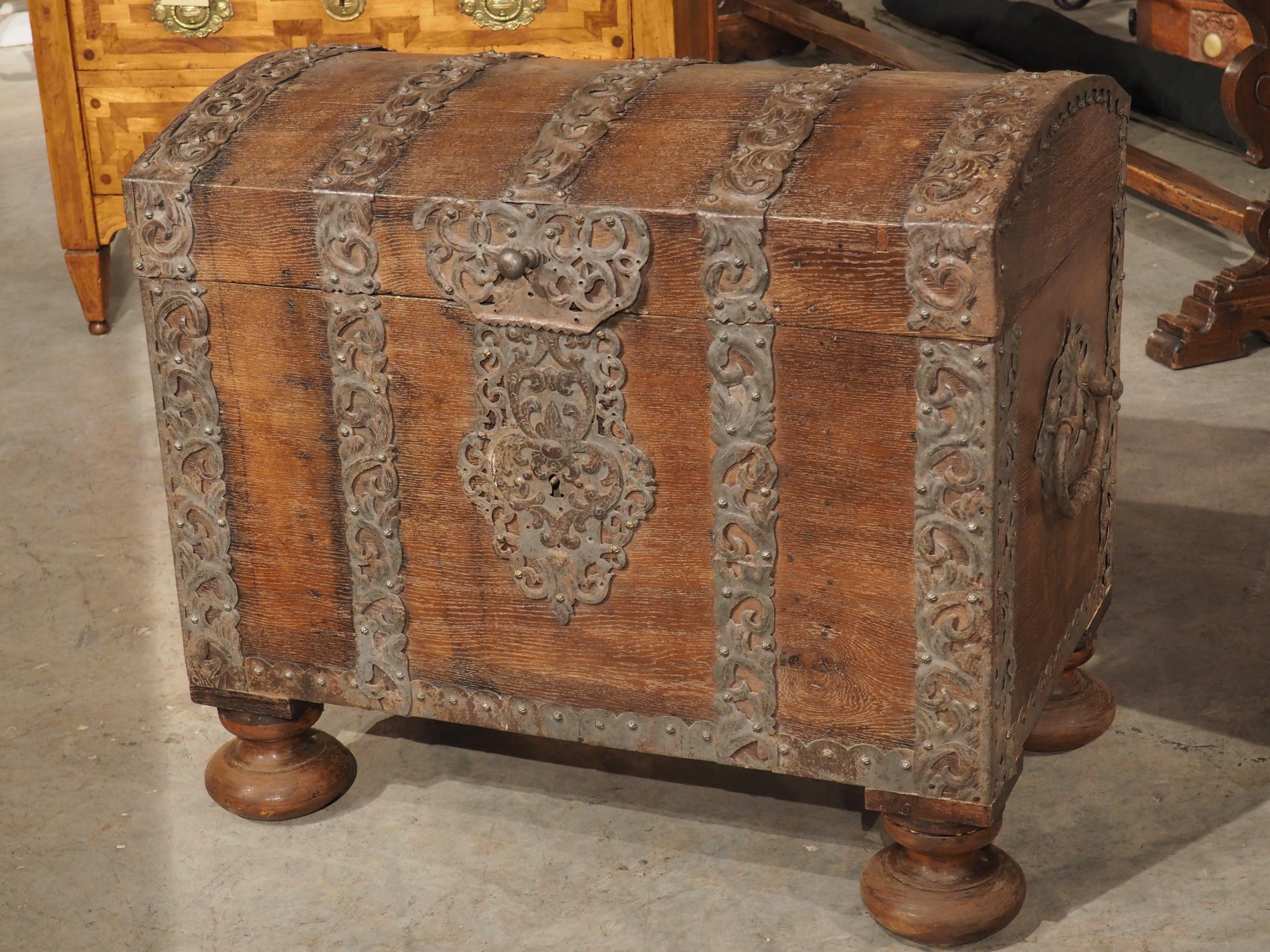 Hand-Carved Period Louis XIV Oak and Iron Domed Trunk, Northeast France, Circa 1700 For Sale