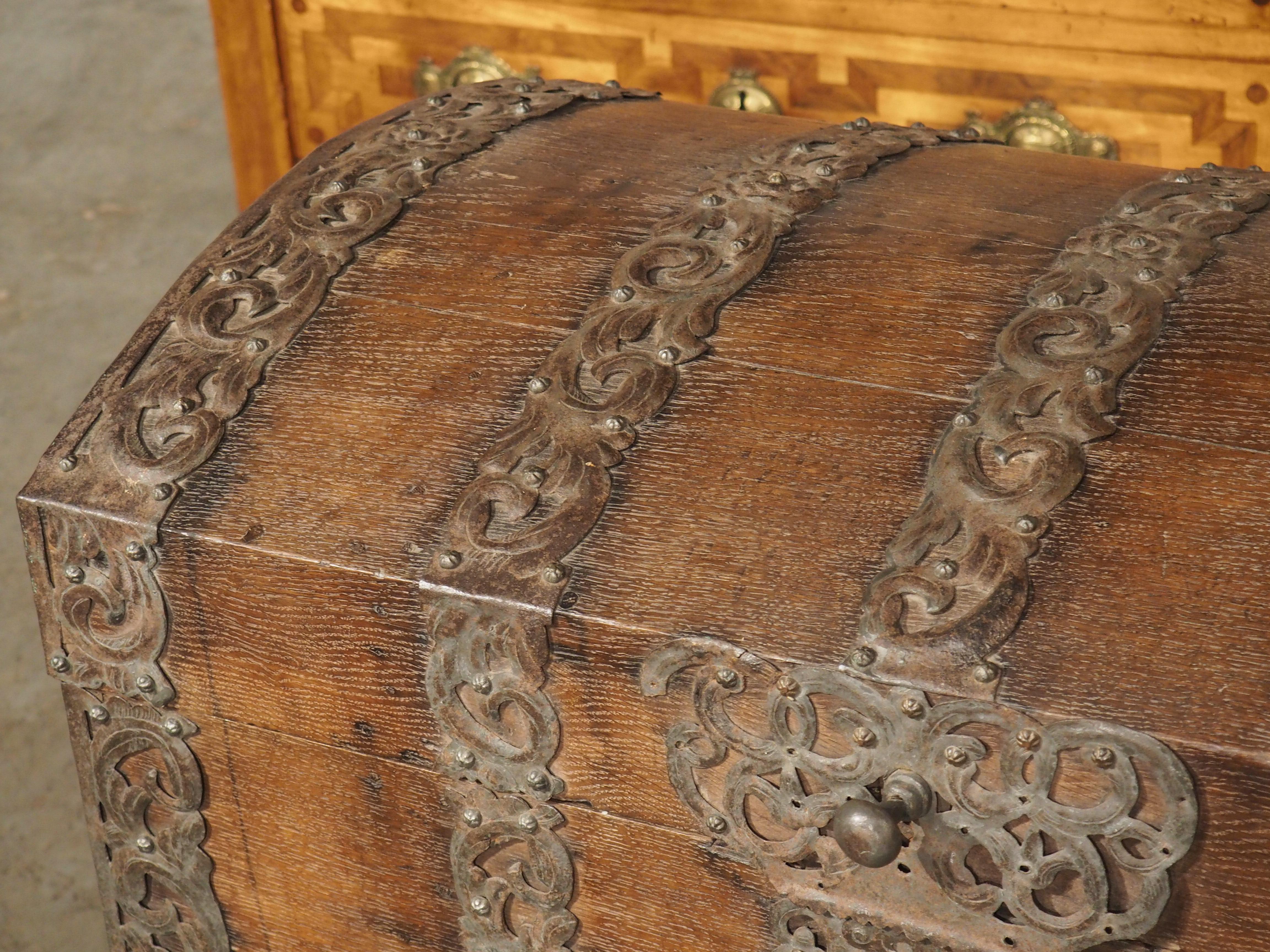Early 18th Century Period Louis XIV Oak and Iron Domed Trunk, Northeast France, Circa 1700 For Sale