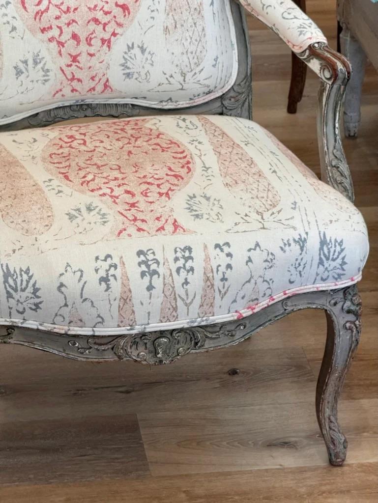English Period Louis XV polychrome Fauteuil Upholstered in Penny Morrison For Sale