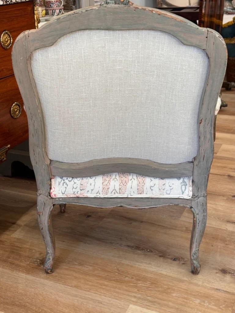 Upholstery Period Louis XV polychrome Fauteuil Upholstered in Penny Morrison For Sale