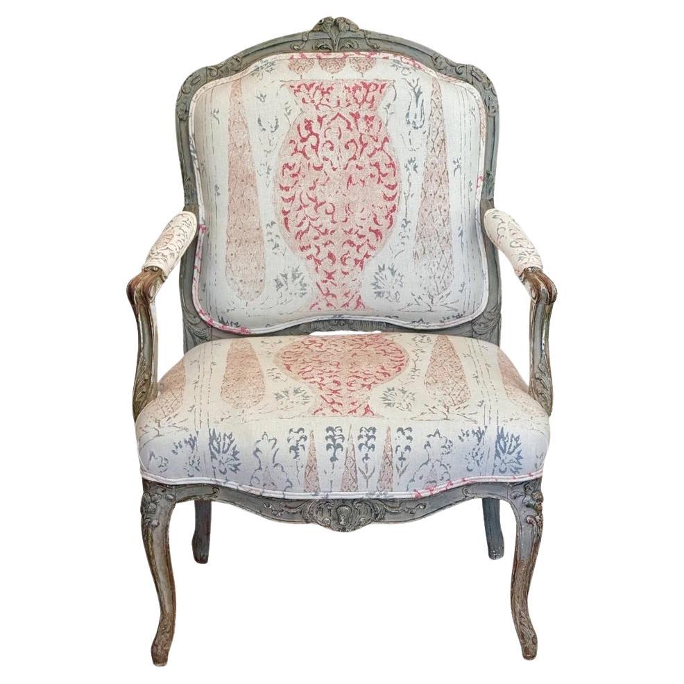 Period Louis XV polychrome Fauteuil Upholstered in Penny Morrison For Sale