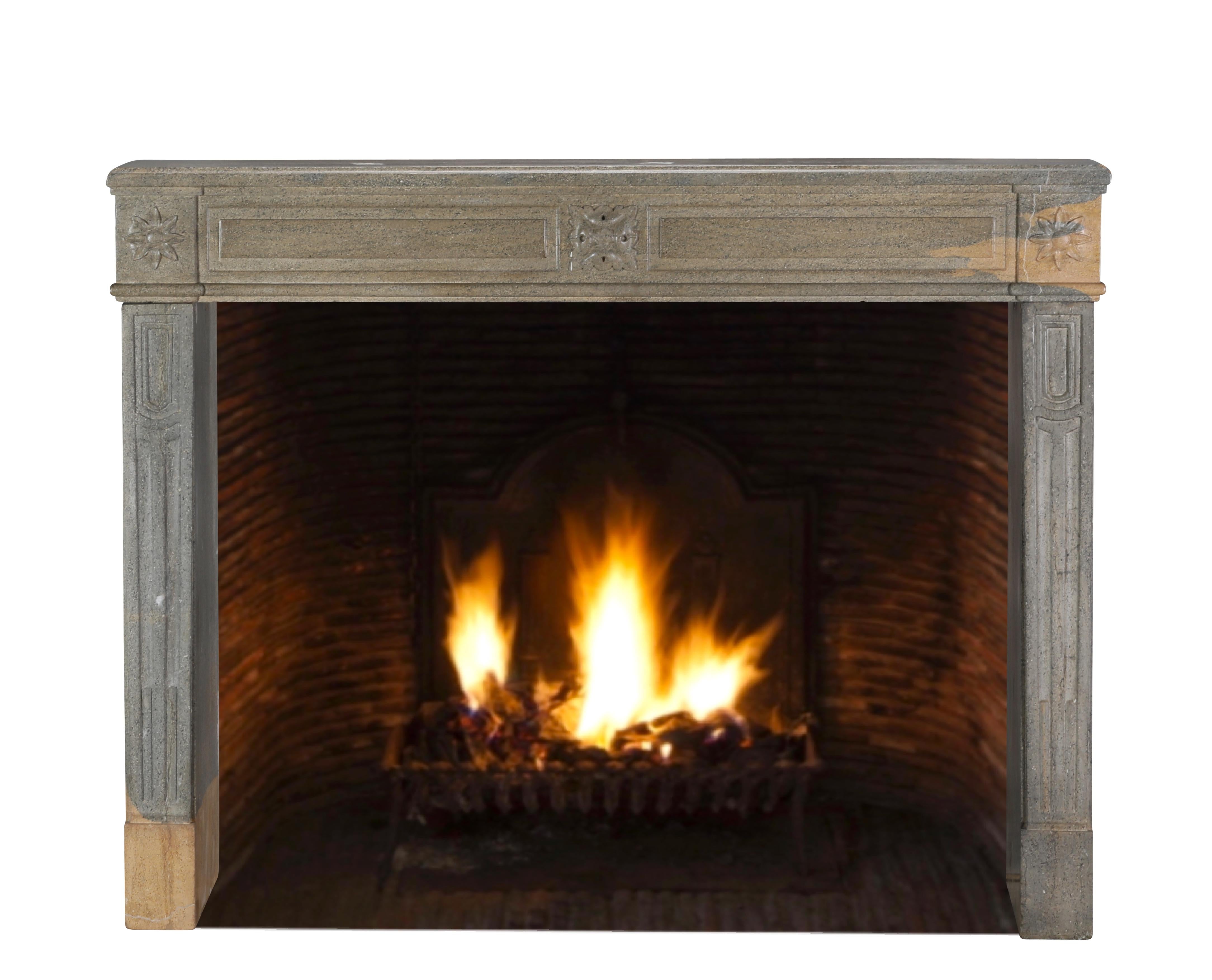 Hand-Carved Period Louis XVI Fireplace Surround in Bicolor Hard Stone For Eclectic Design For Sale