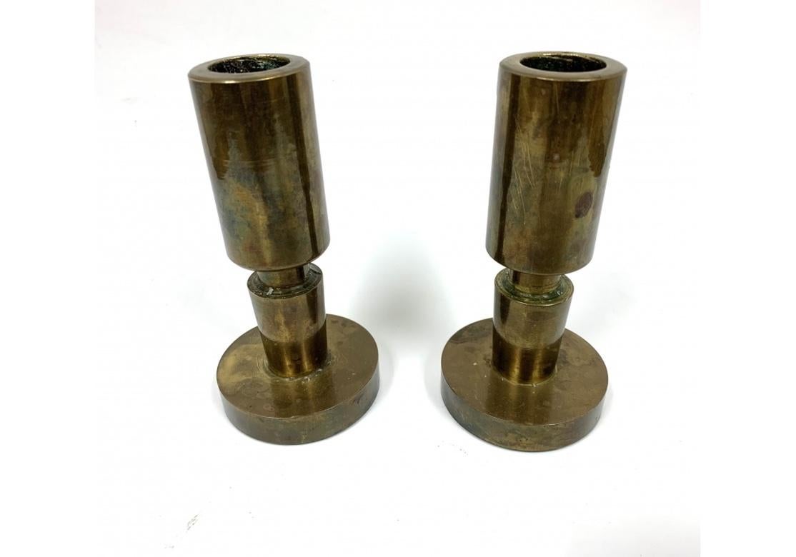 Period Mid Century Bronze Cylinder Candle Sticks In Distressed Condition For Sale In Bridgeport, CT