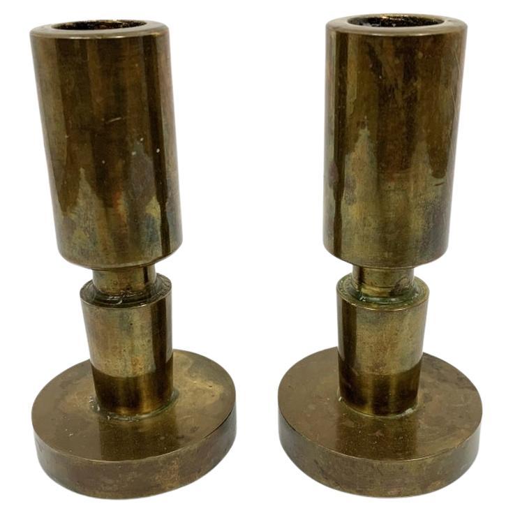 Period Mid Century Bronze Cylinder Candle Sticks For Sale