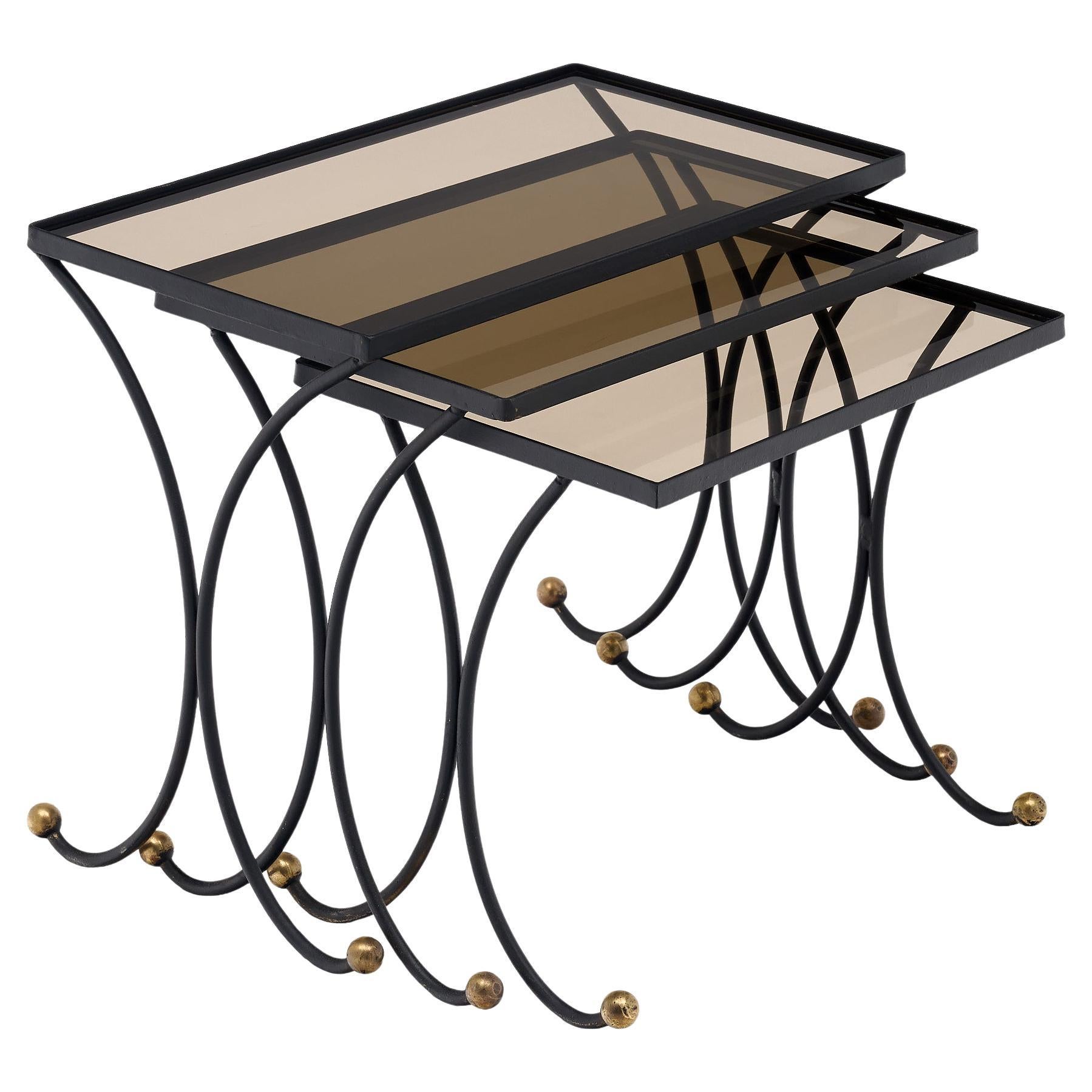 Mid-Century Modern French Nesting Tables, Smoked Glass & Metal, 1940s