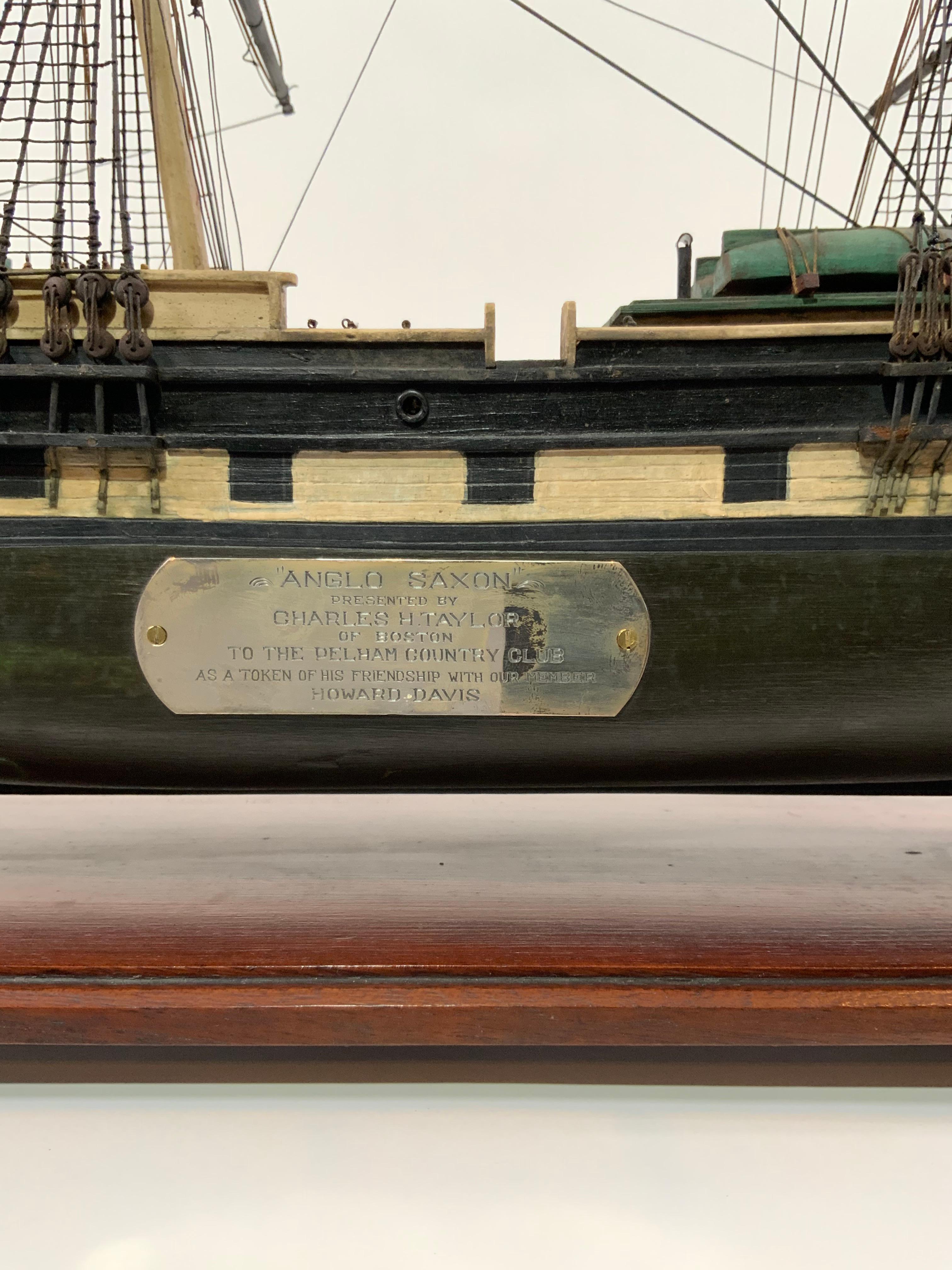 Antique ship model with provenance. This model of the packet ship “Anglo Saxon” was “presented by Charles H Taylor of Boston to the Pelham Country Club as a token of his friendship with our member Howard Davis” as written on engraved plaque. This is