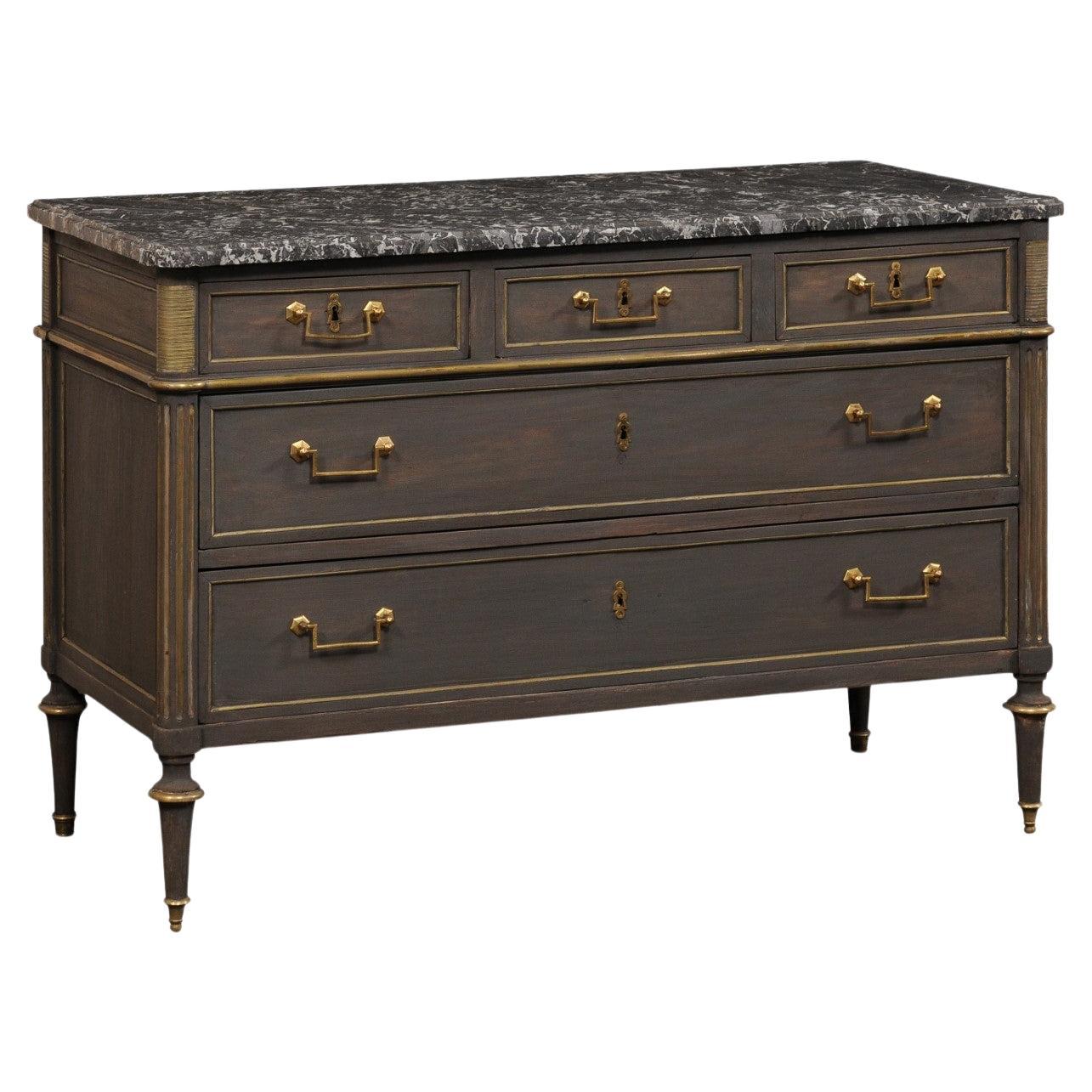 Commodo d'epoca neoclassico con piano in marmo, ferramenta e finiture in ottone
