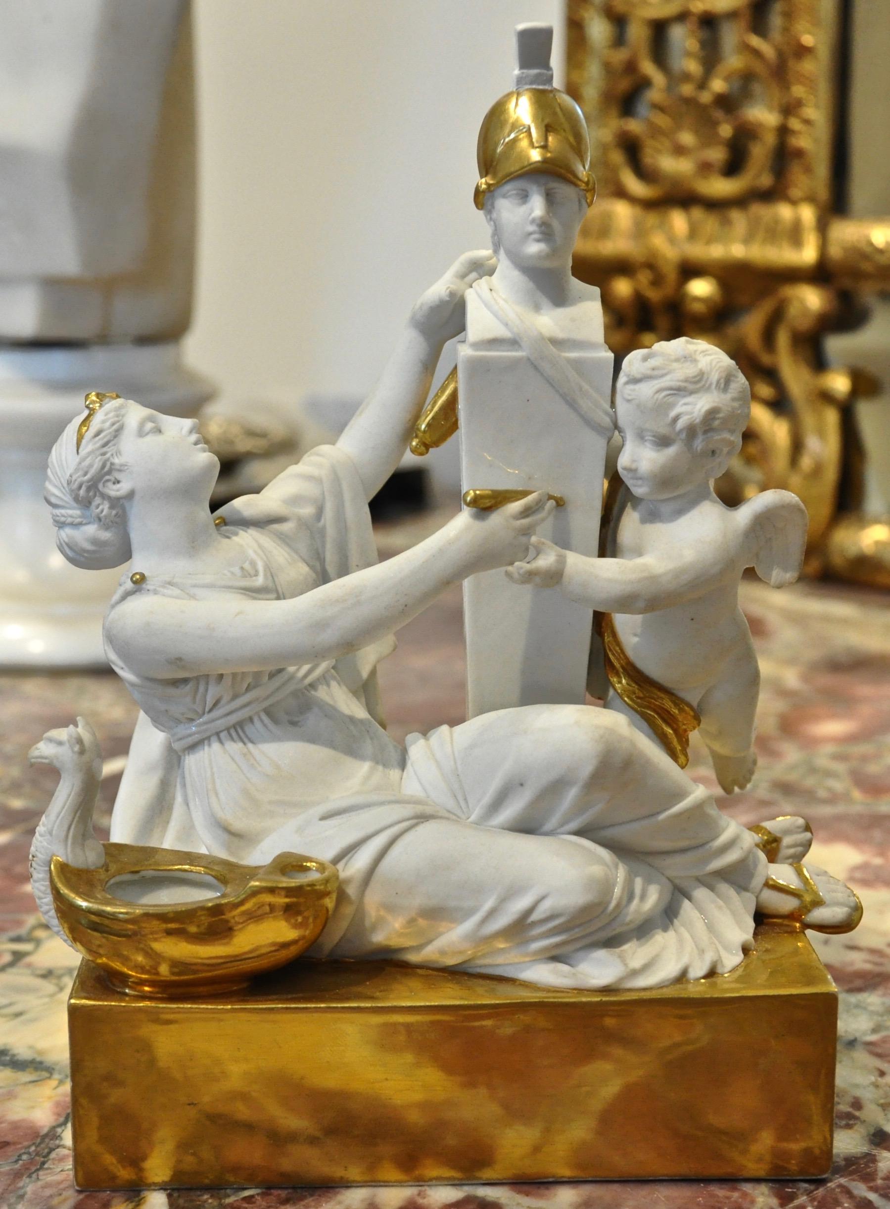 Period Bisque porcelain and gilt inkwell or Encrier

--Heroic and classical figures, woman, cupid.