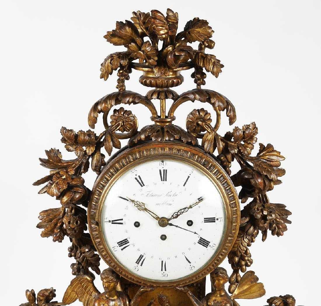 Austrian Period Neoclassical Early 19th Century Carved Giltwood Mantel Clock, Vienna For Sale