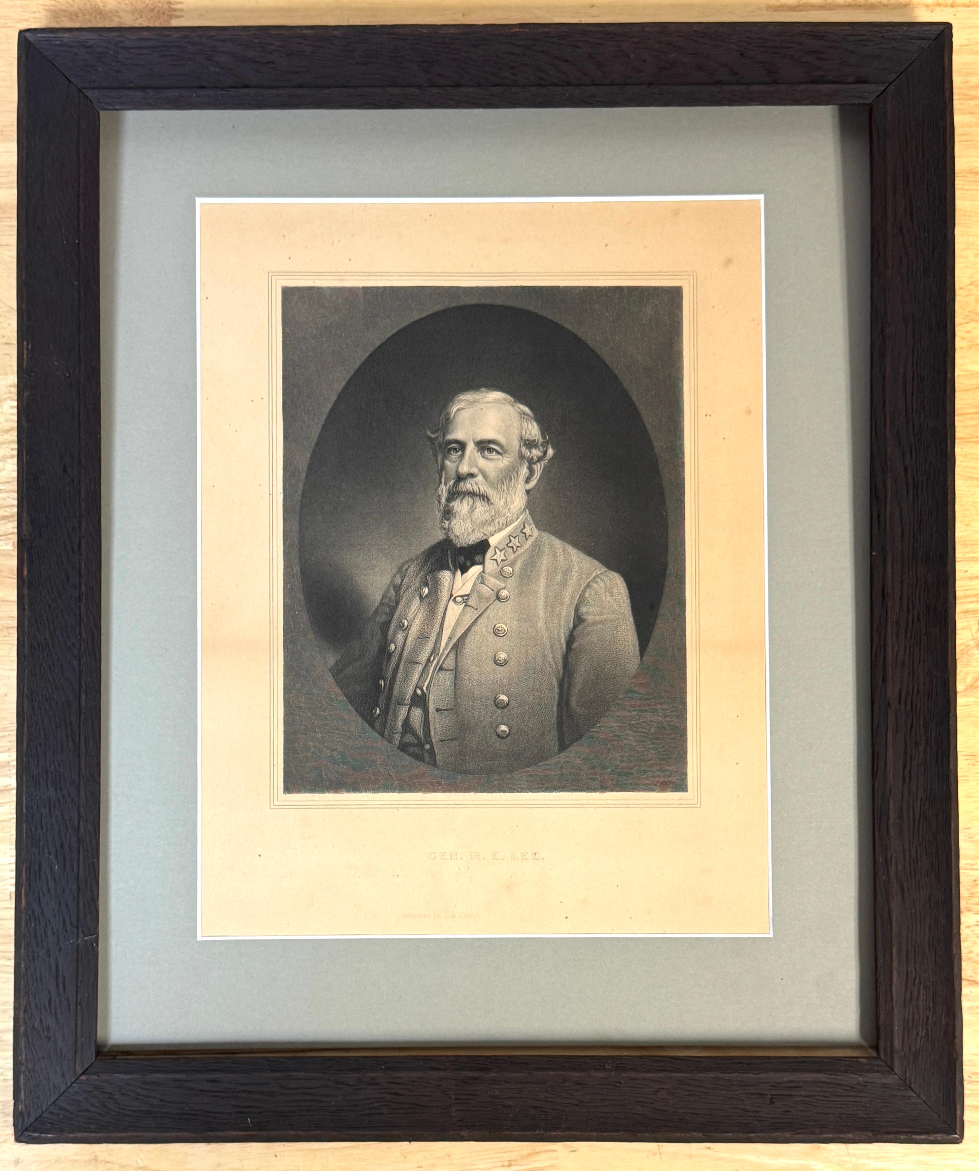 Cornice d'epoca in Oak annerita  Incisione del Gen. Robert E. Lee, Pubblicato da J.A. O'Neill, circa 1875-1885

Un'incisione con ritratto del generale Robert E. Lee, riccamente colorata, del XIX secolo, pubblicata da J. Robert. O'Neill,