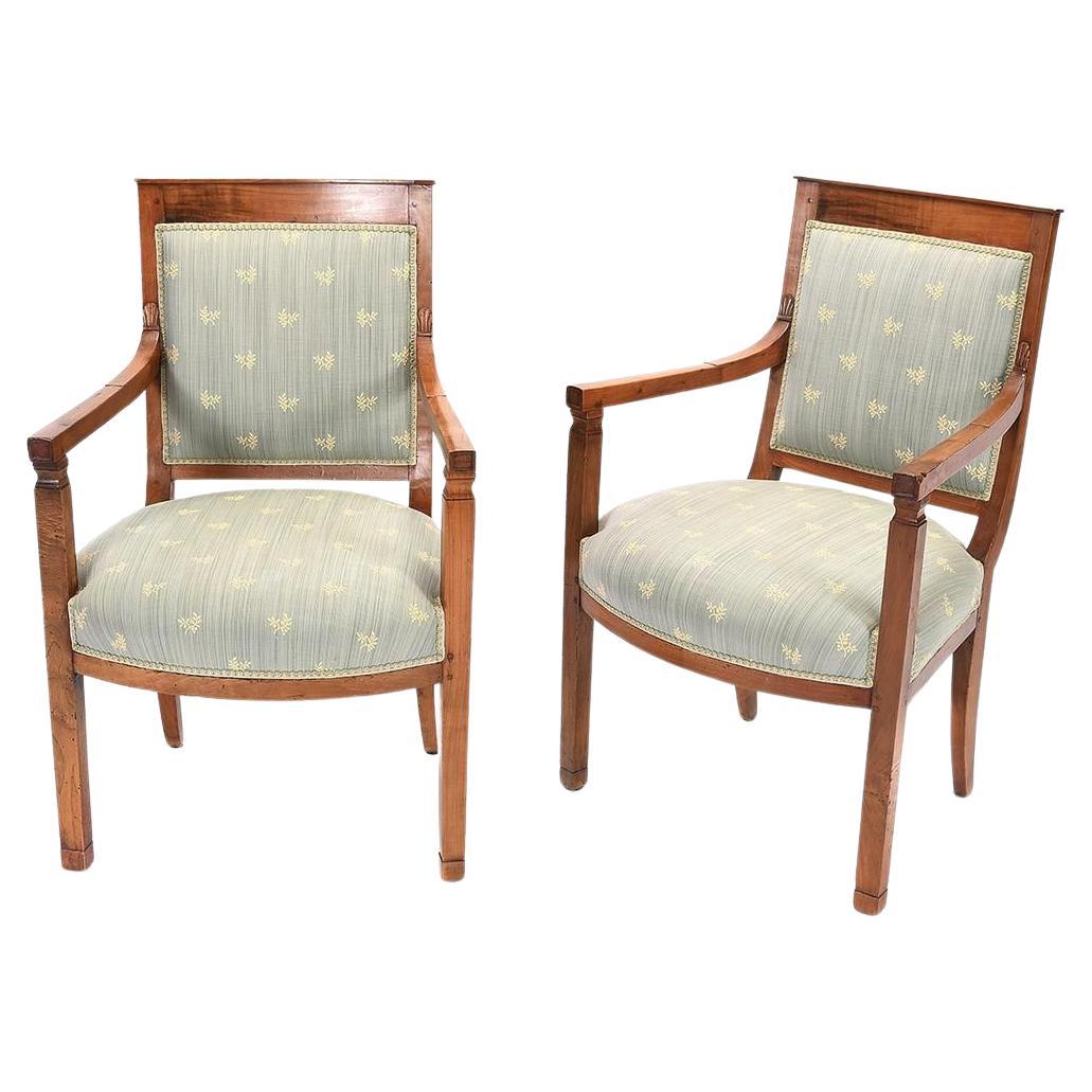 Antique Period Pair French Directoire Fruitwood Fauteuil Arm Chairs Circa 1800 For Sale