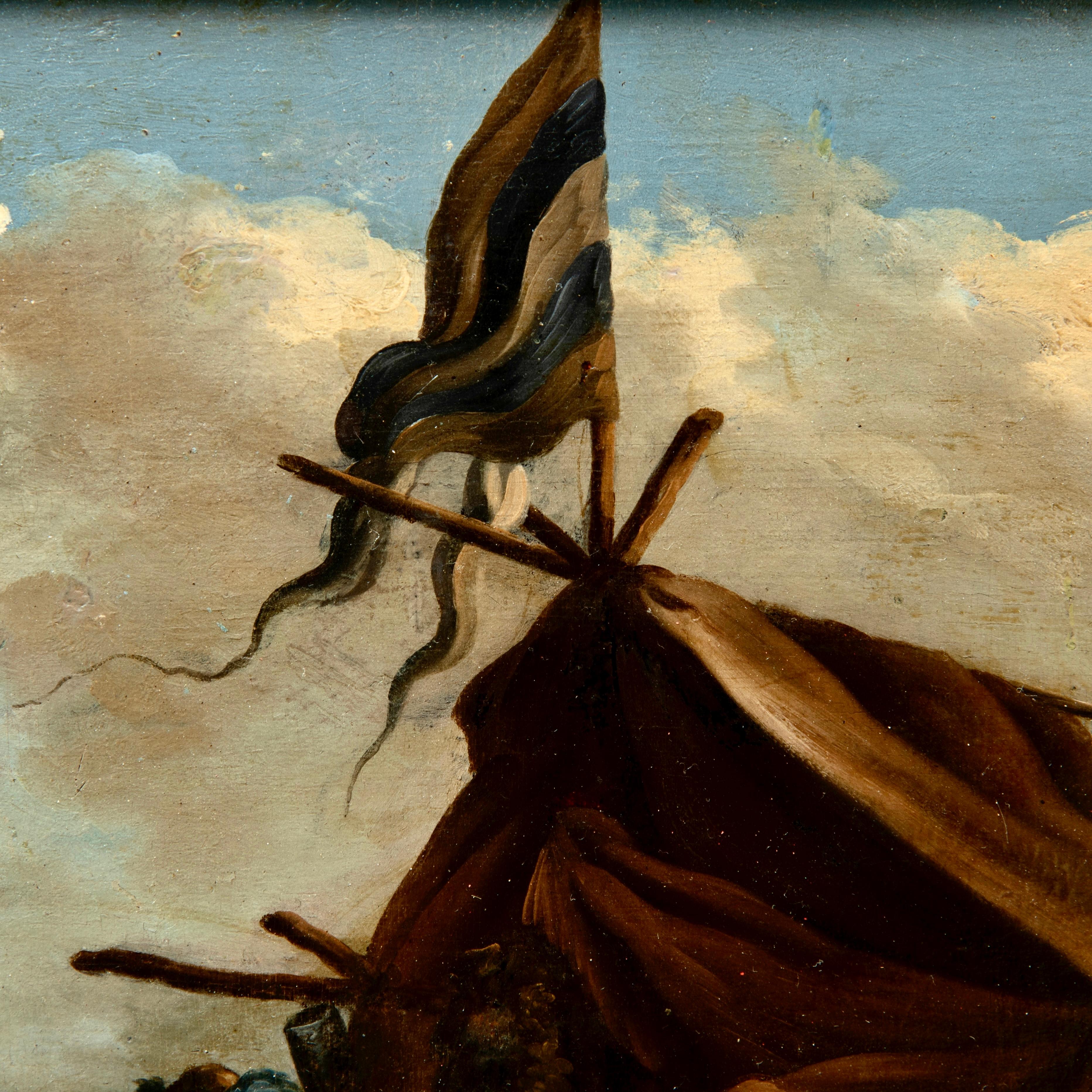 Importante huile sur panneau du grand artiste néerlandais Philips Wouwerman (également Wouwermans) (1619 - 1668), peintre de scènes de chasse, de paysages et de batailles.
Cette belle peinture représente un groupe de chasseurs à cheval faisant une