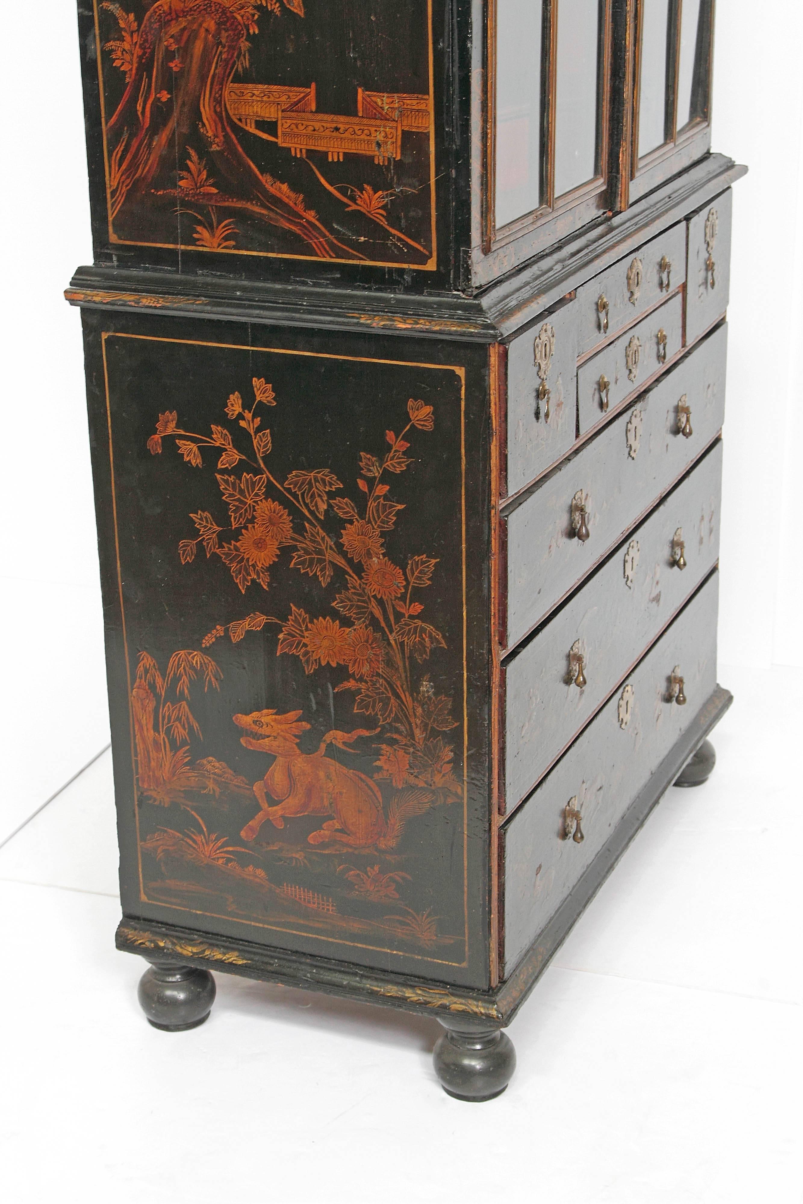 Period Queen Anne Japanned / Chinoiserie Cabinet on Chest 3