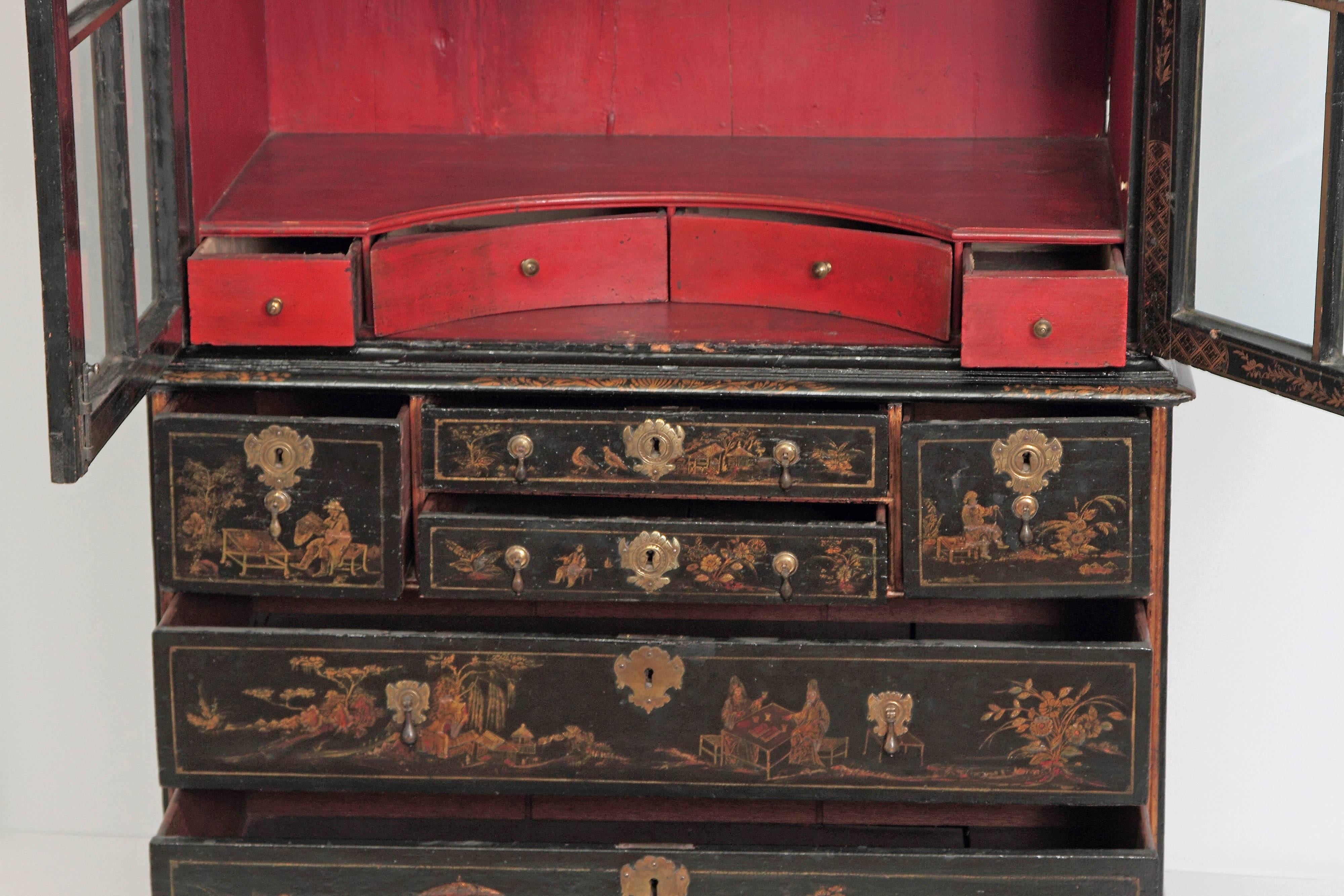Period Queen Anne Japanned / Chinoiserie Cabinet on Chest 8