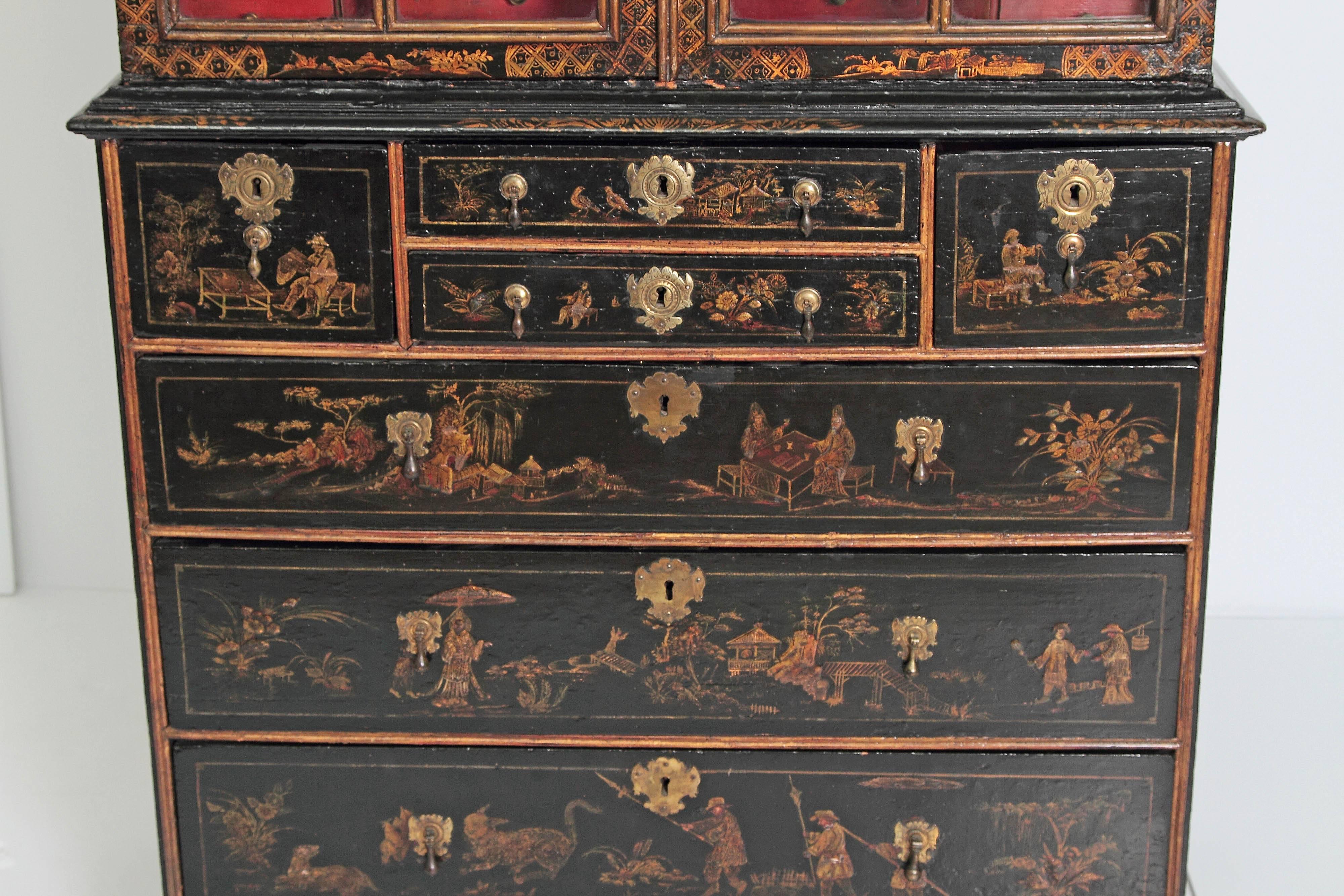 Period Queen Anne Japanned / Chinoiserie Cabinet on Chest 11