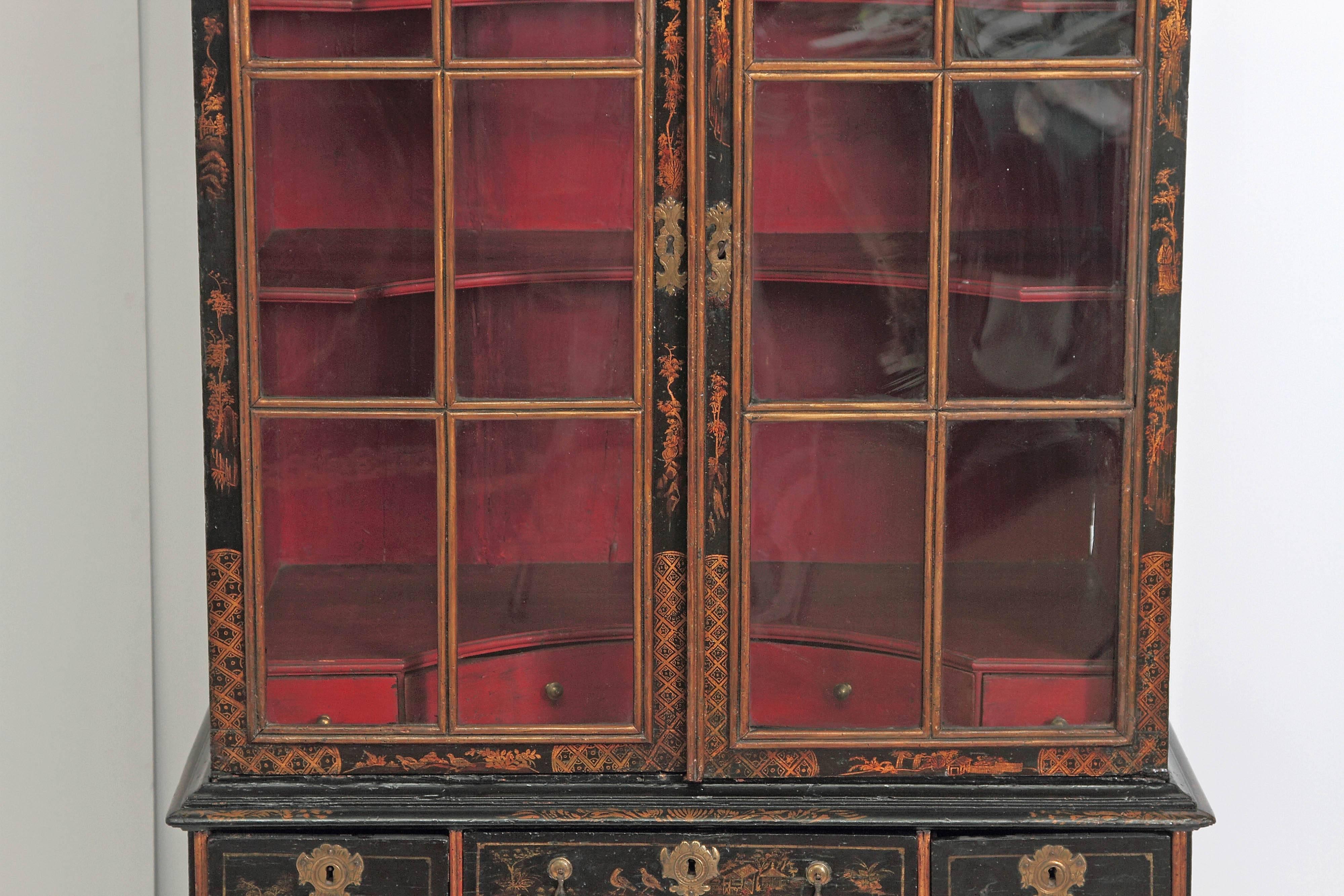 Glazed Period Queen Anne Japanned / Chinoiserie Cabinet on Chest