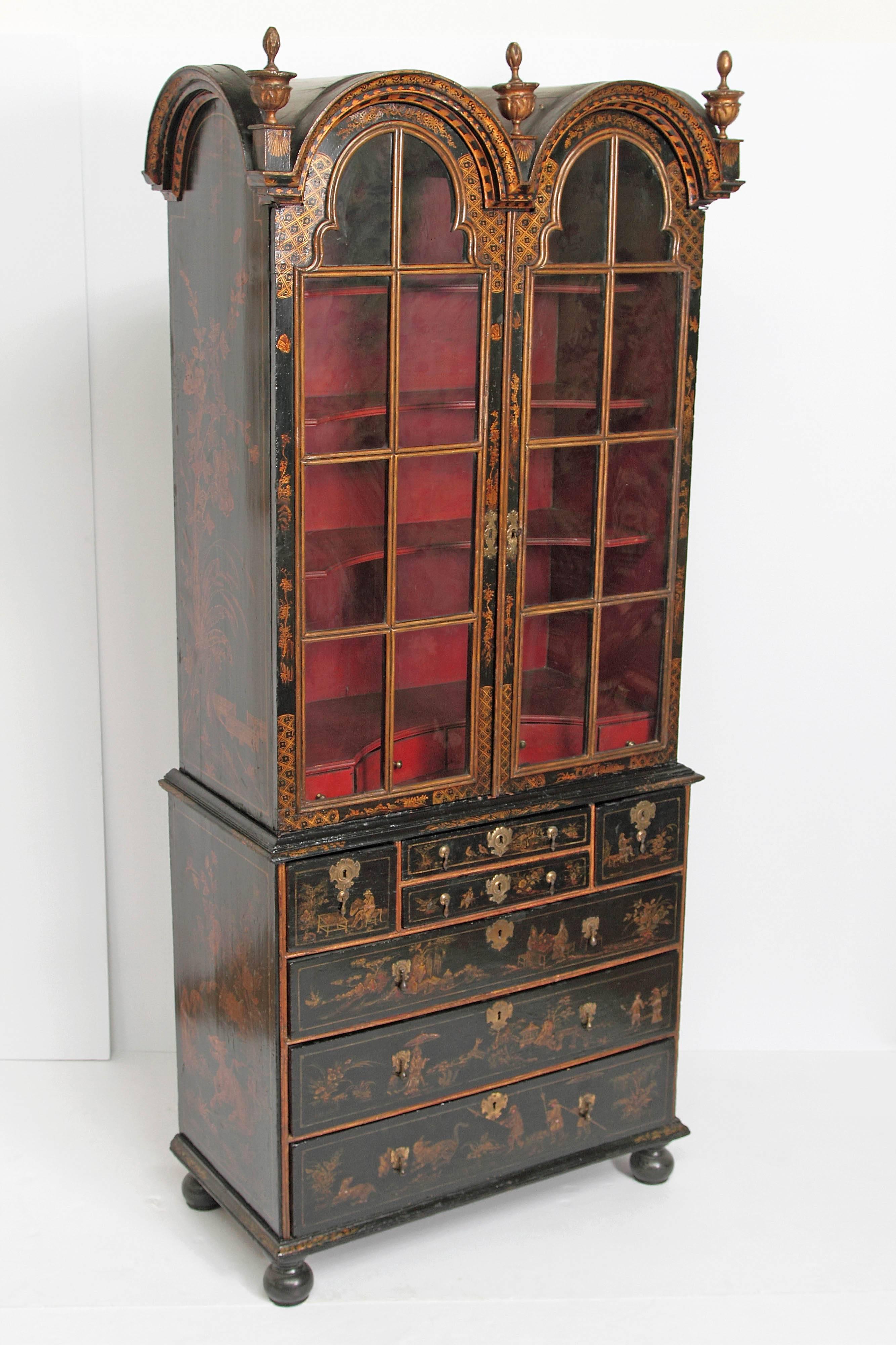 18th Century Period Queen Anne Japanned / Chinoiserie Cabinet on Chest