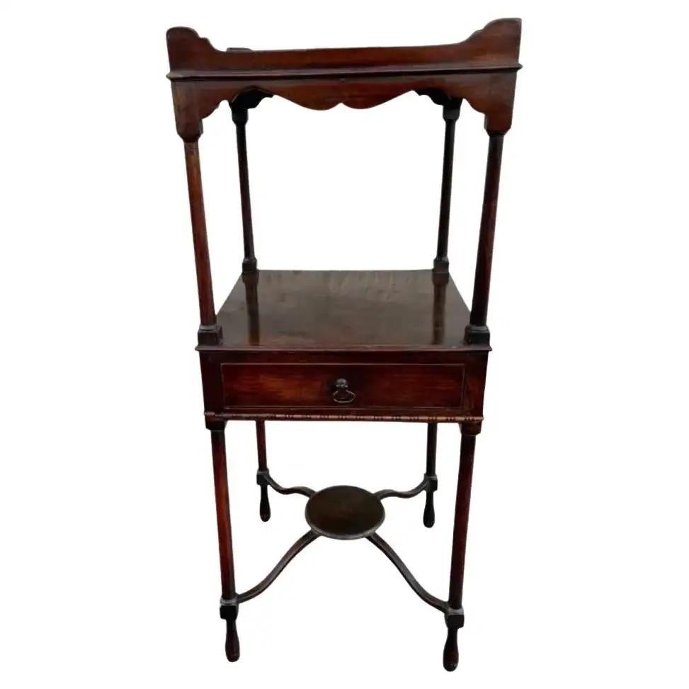 Period Regency beautifully detailed 3-tier antique wood stand / occasional table. Handled top. 34.5
