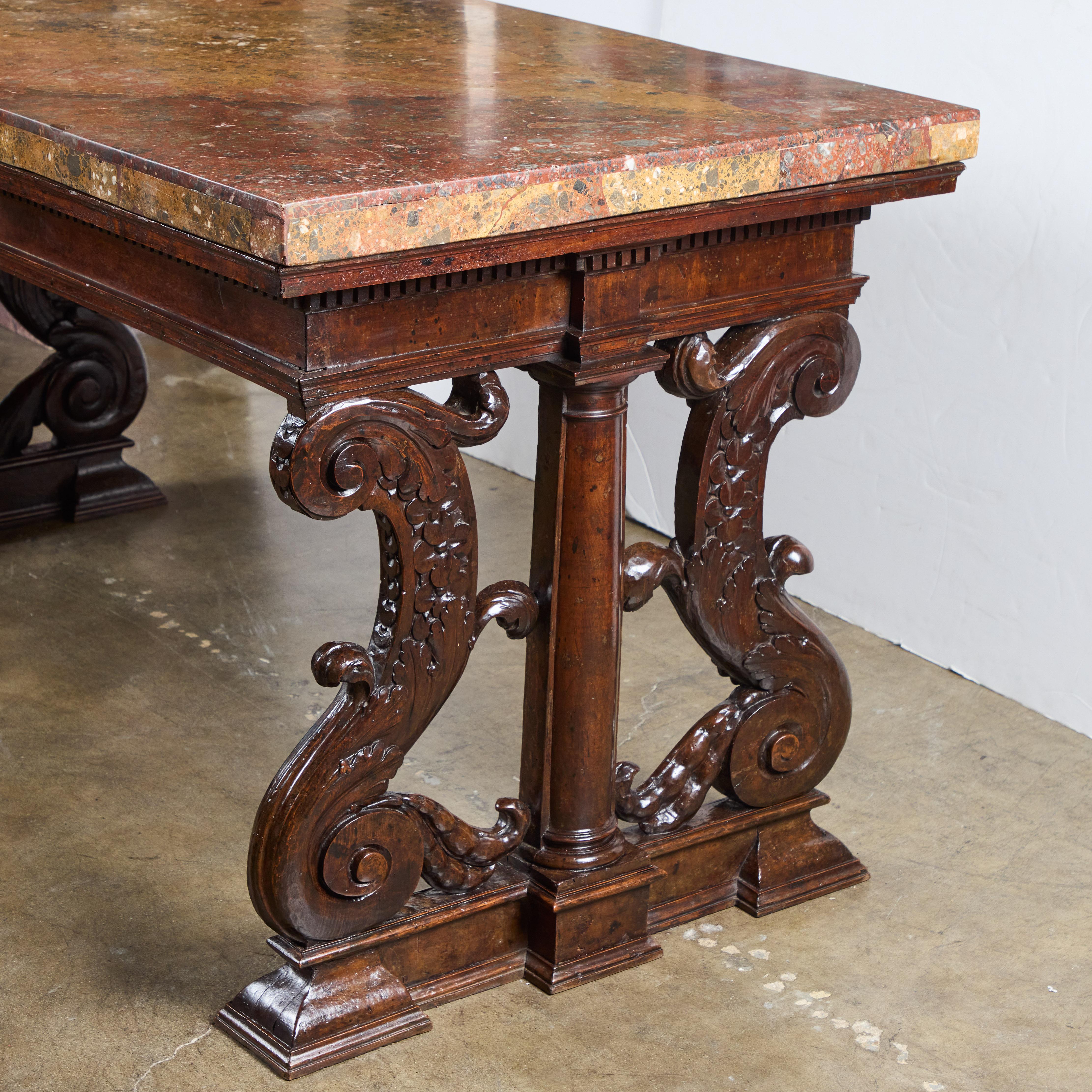 Period Renaissance Walnut Center Table with Breccia Africano Marble Top For Sale 4