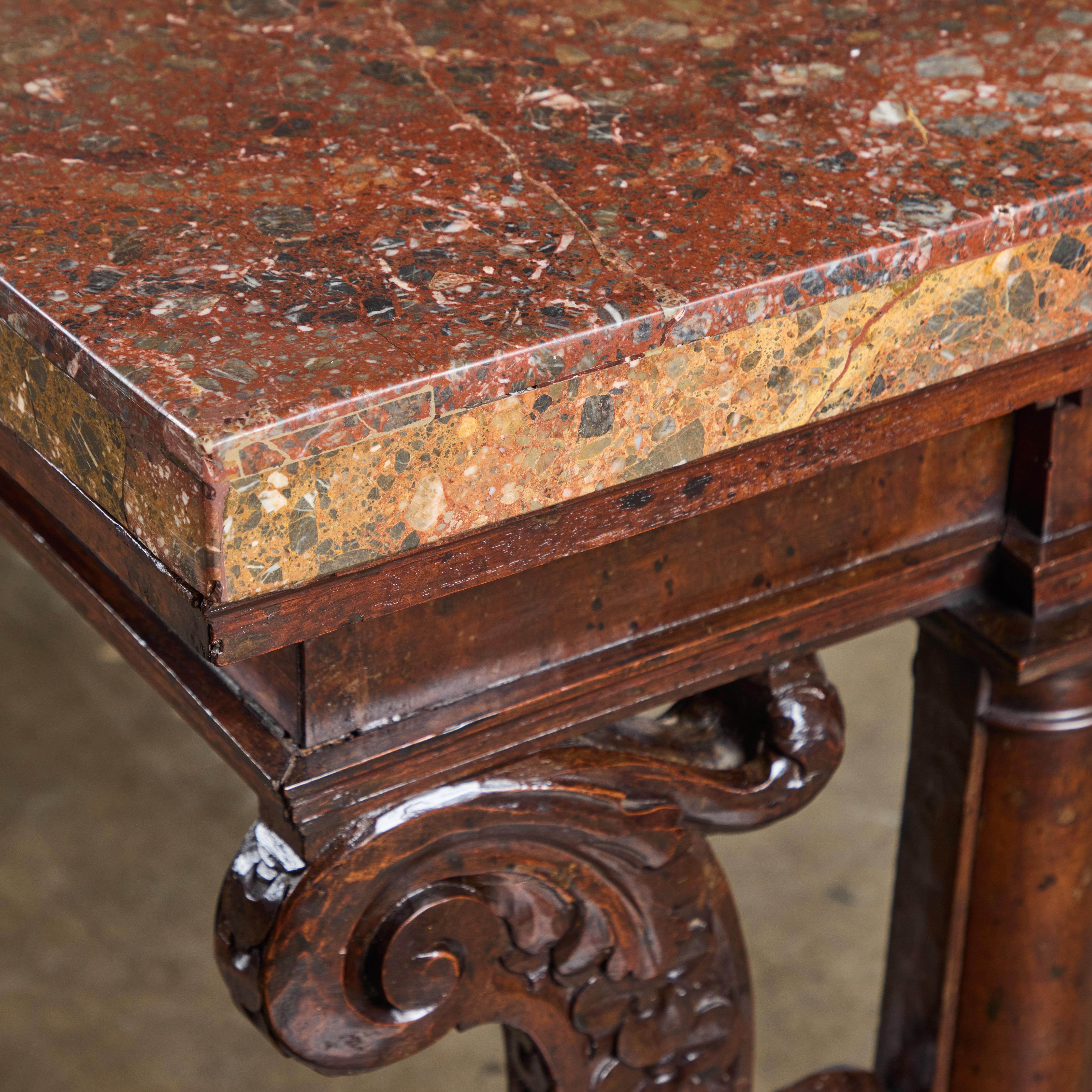 Period Renaissance Walnut Center Table with Breccia Africano Marble Top For Sale 5