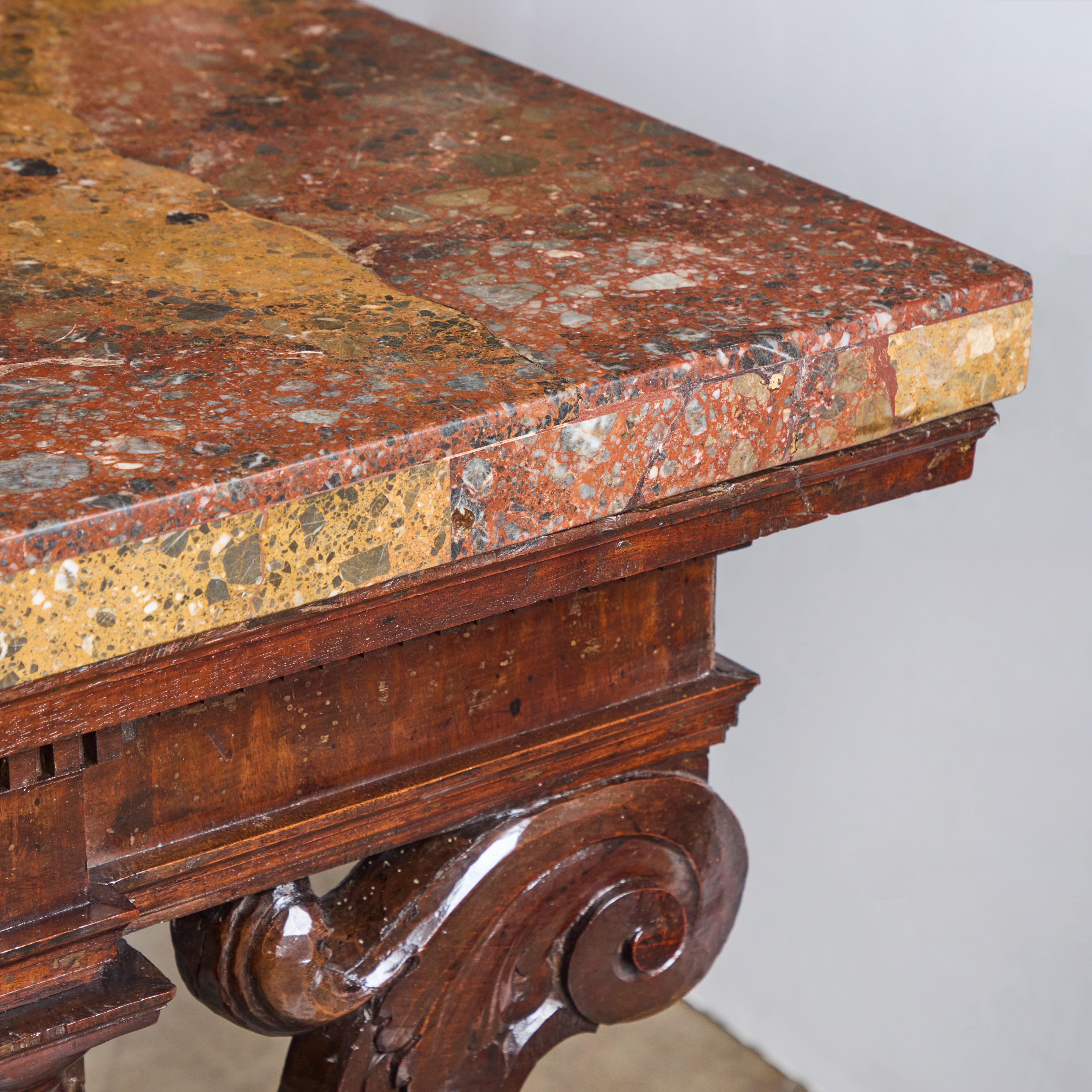 Period Renaissance Walnut Center Table with Breccia Africano Marble Top For Sale 6