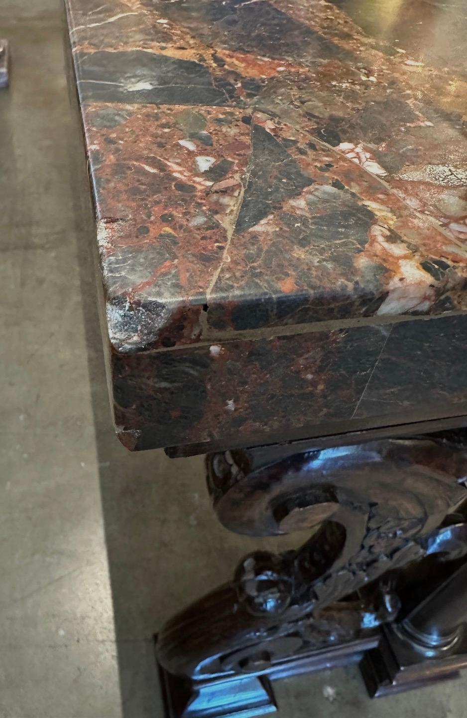 Period Renaissance Walnut Center Table with Breccia Africano Marble Top For Sale 7