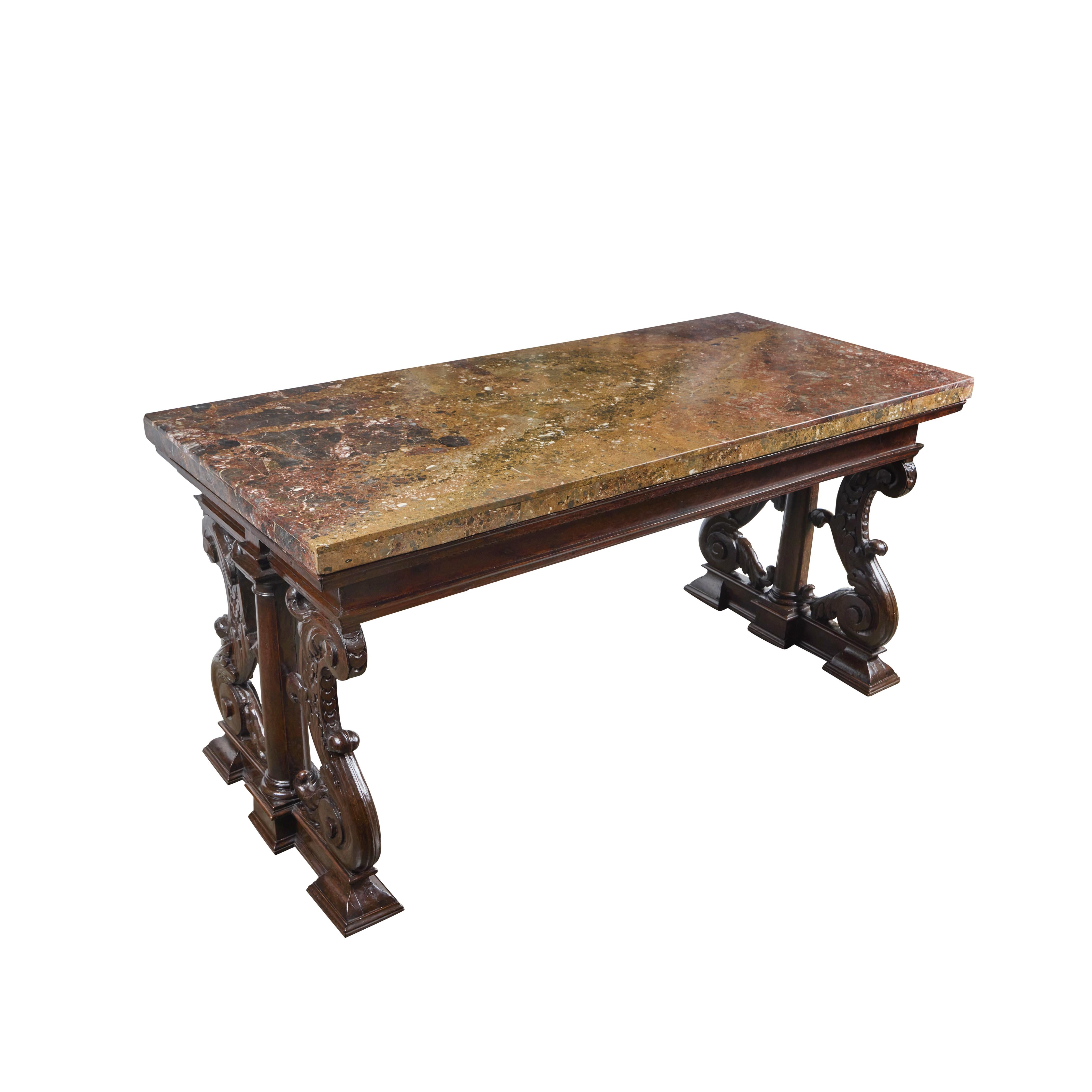 Hand-Carved Period Renaissance Walnut Center Table with Breccia Africano Marble Top For Sale