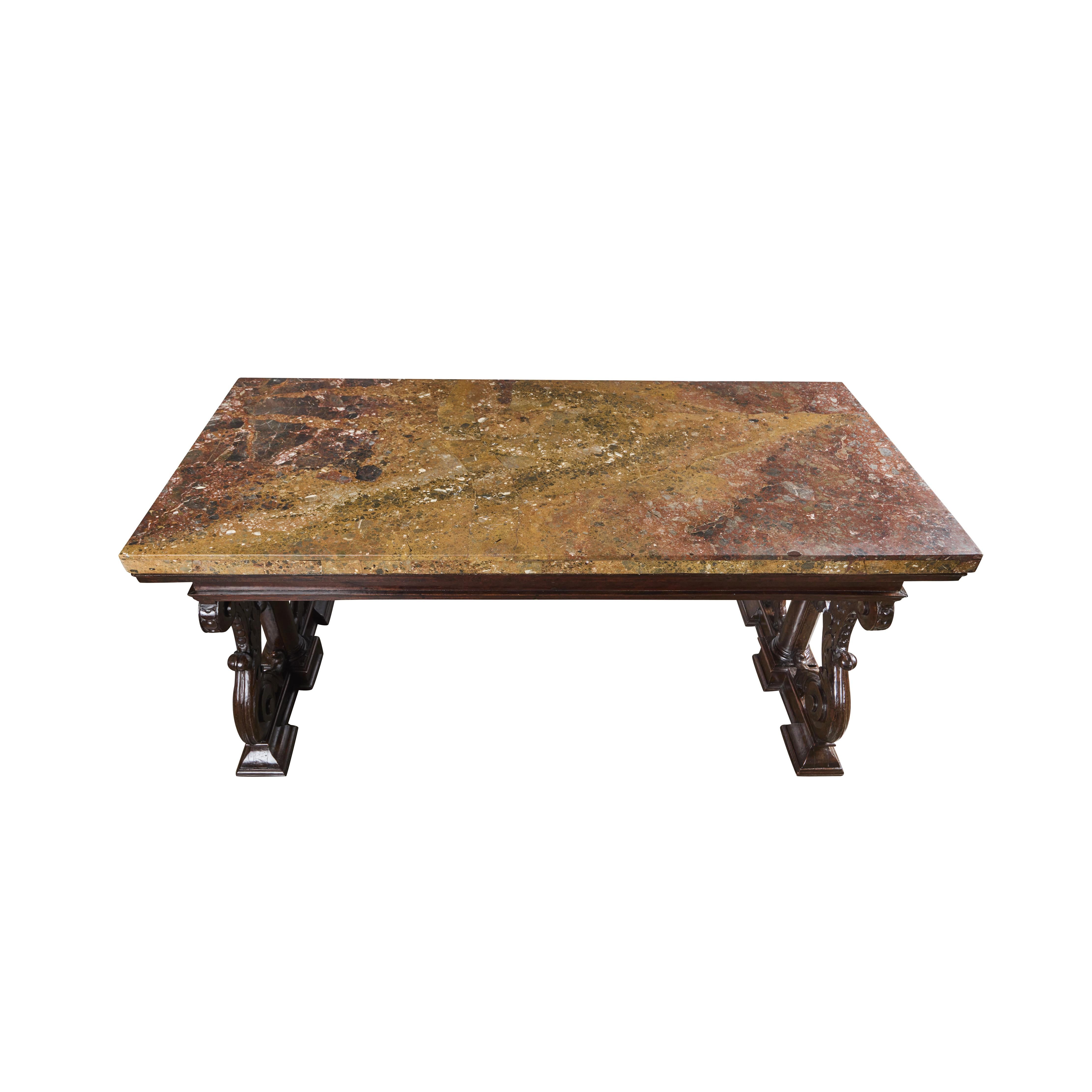 Period Renaissance Walnut Center Table with Breccia Africano Marble Top In Good Condition For Sale In Los Angeles, CA