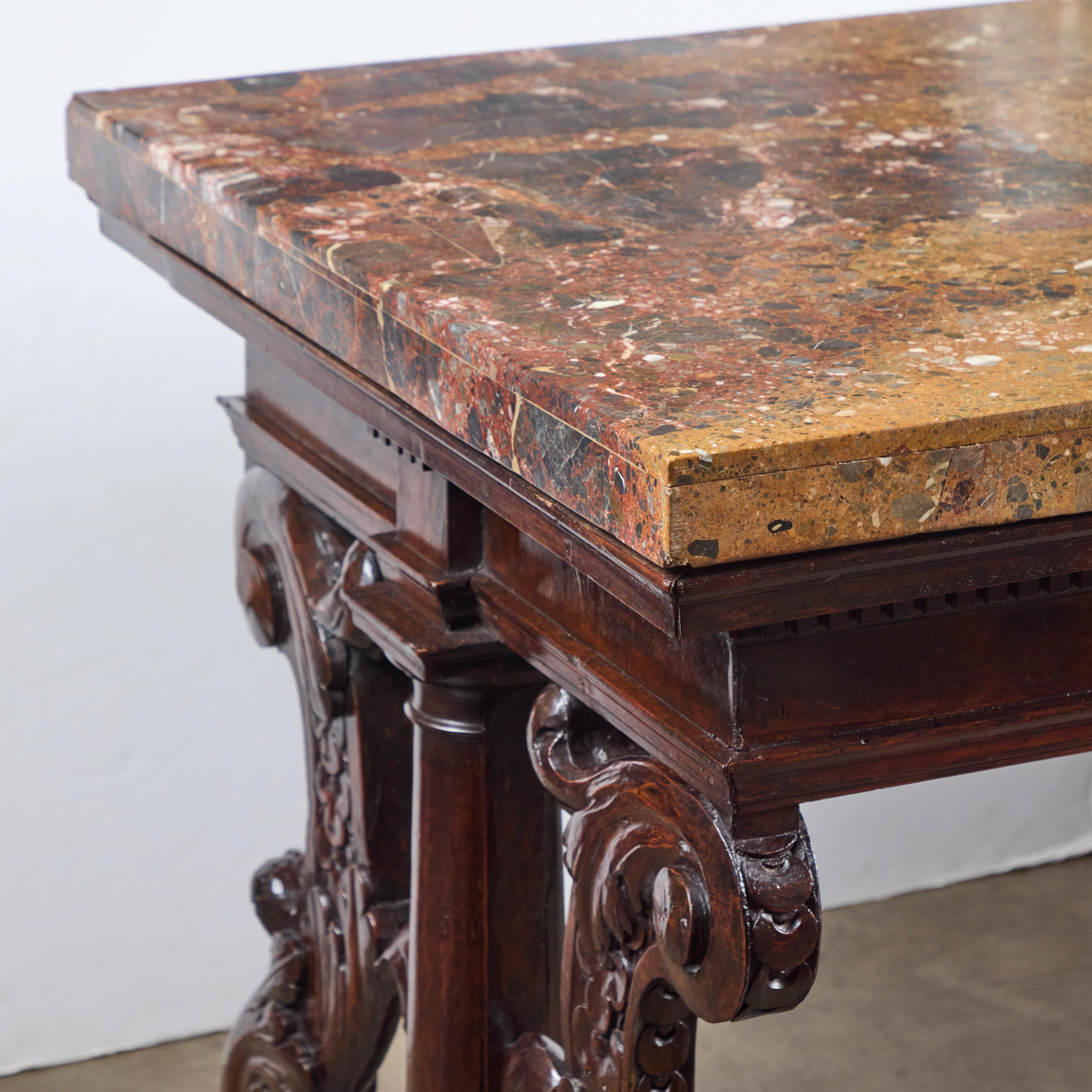Breccia Marble Period Renaissance Walnut Center Table with Breccia Africano Marble Top For Sale