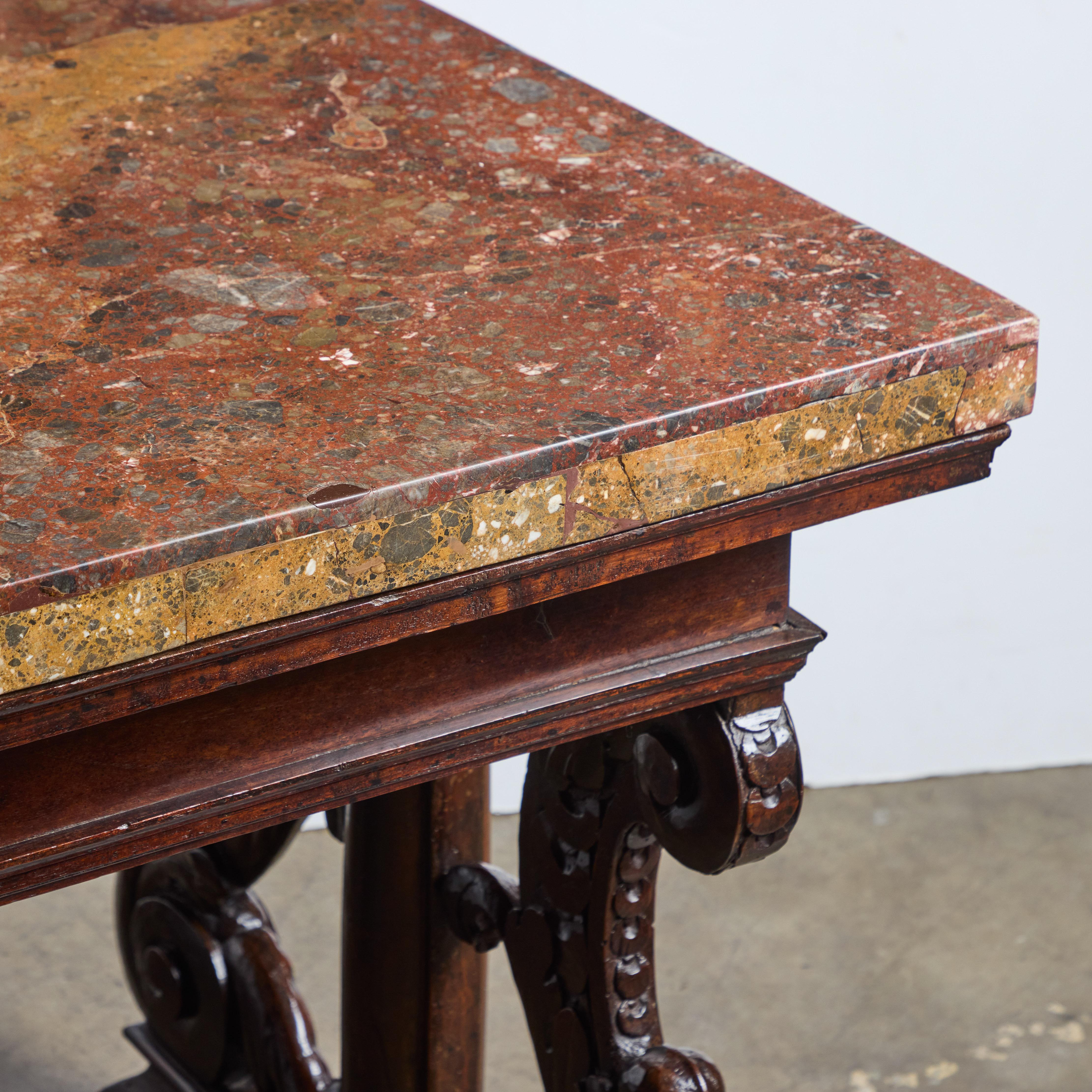 Period Renaissance Walnut Center Table with Breccia Africano Marble Top For Sale 1