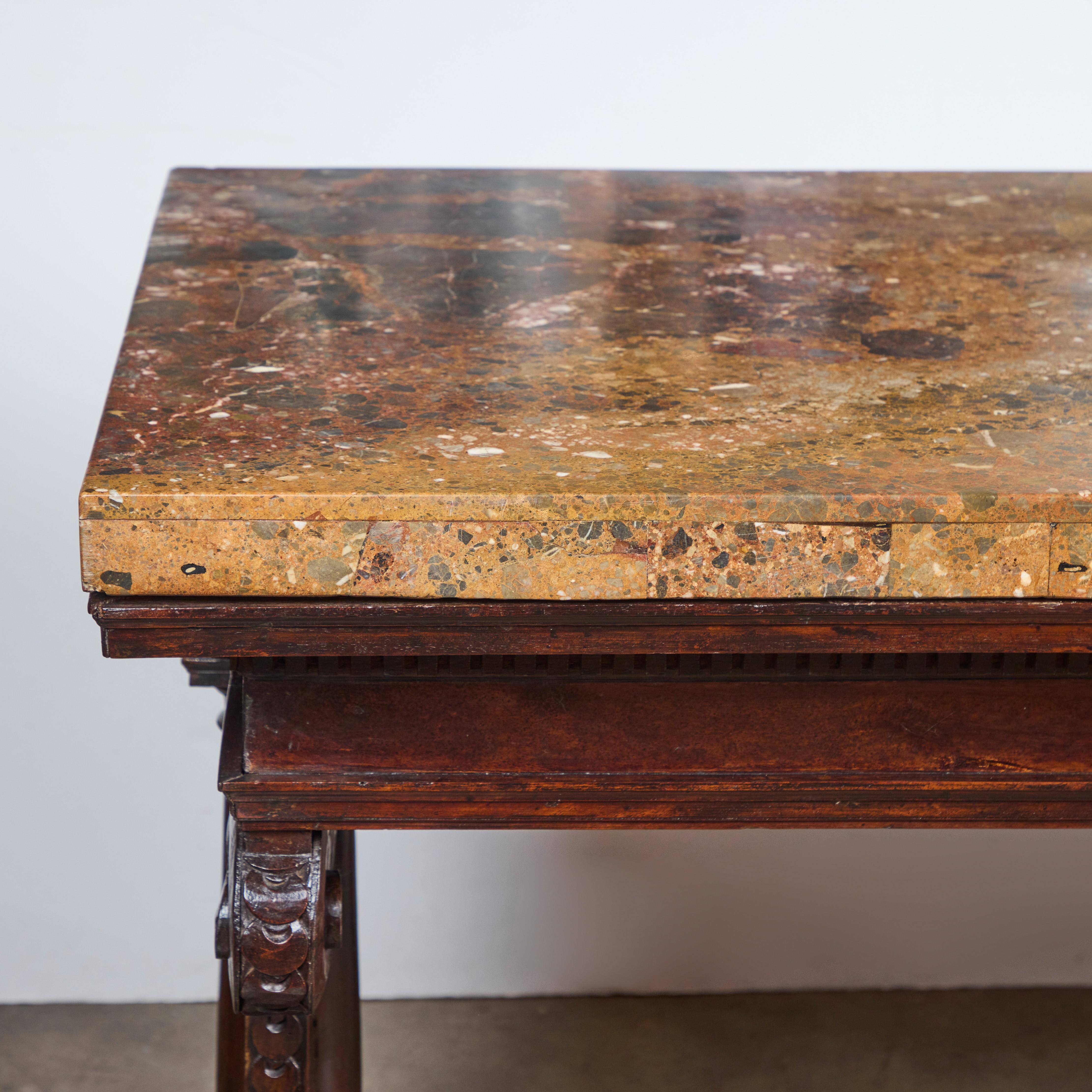 Period Renaissance Walnut Center Table with Breccia Africano Marble Top For Sale 3