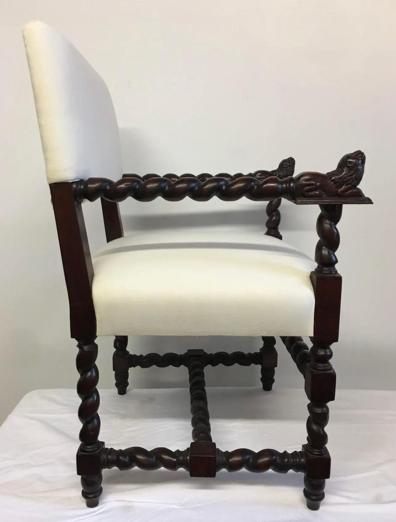 British Period Style English Chair With Barley Twist Legs and Lions Heads For Sale