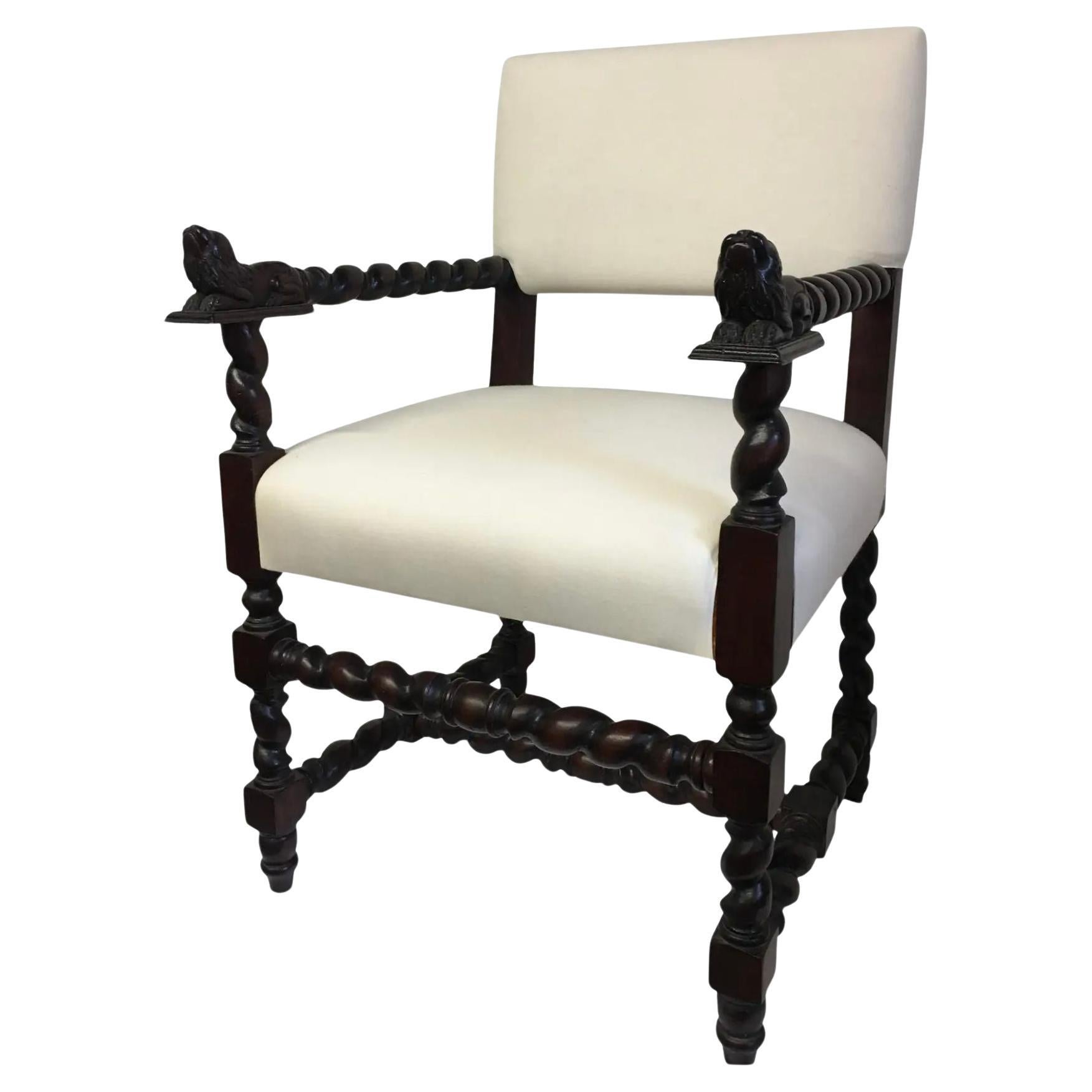 Period Style English Chair With Barley Twist Legs and Lions Heads